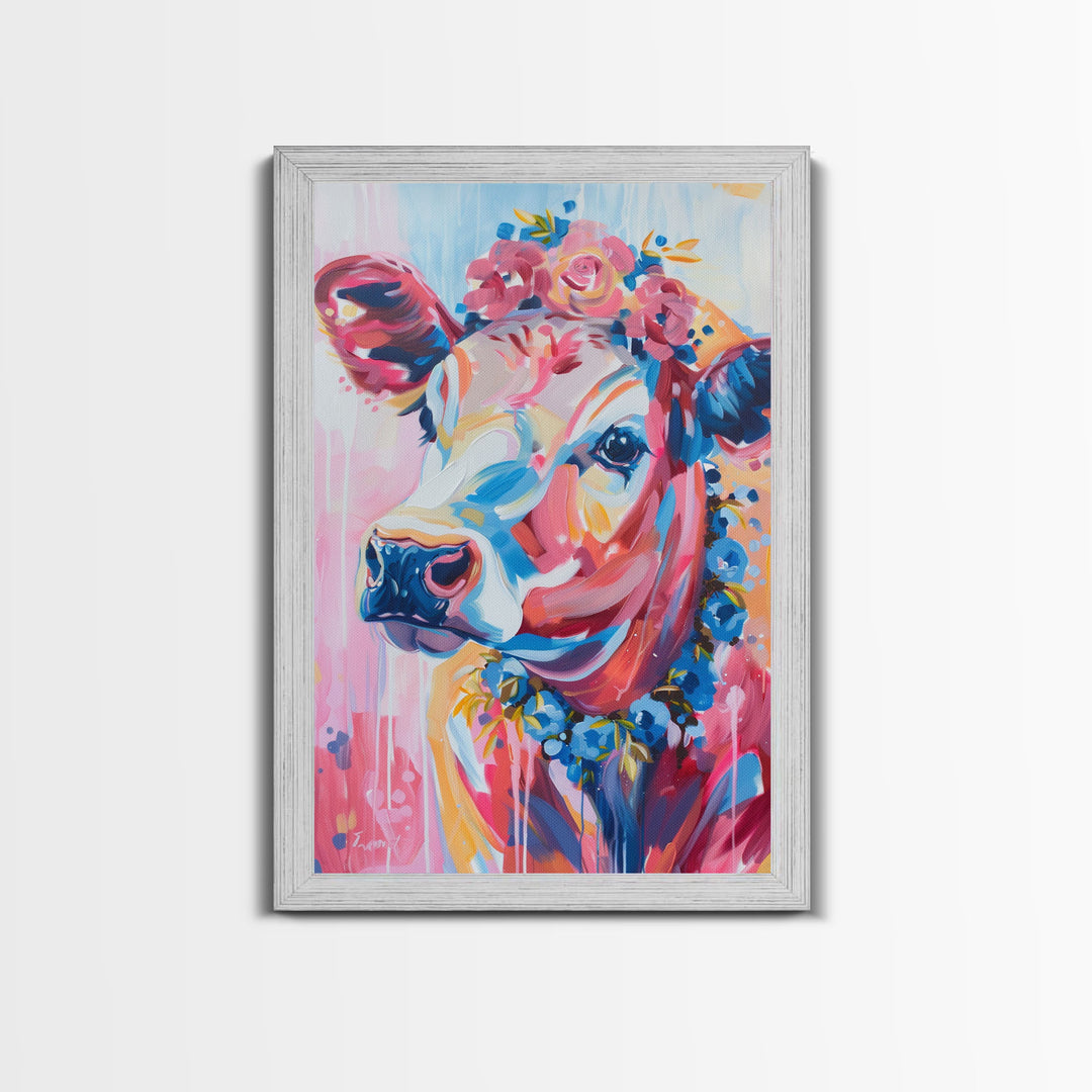 Floral Crowned Cow Portrait - Whimsical Farmhouse Wall Art, Vibrant Animal Painting, Bedroom Decor, Cute Cow Canvas Print