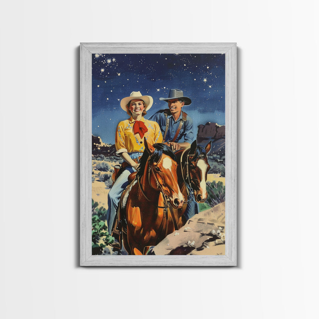 Vintage Western Couple Riding Horses Under Stars - Rustic Cowboy Wall Art, Night Sky Painting, Living Room Decor, Western Canvas