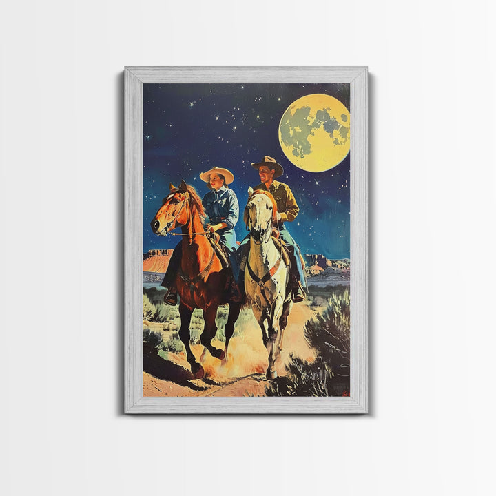 Vintage Cowboy Couple Under Moonlit Sky - Rustic Western Wall Art, Night Sky Painting, Bedroom Decor, Cowboy Canvas Print