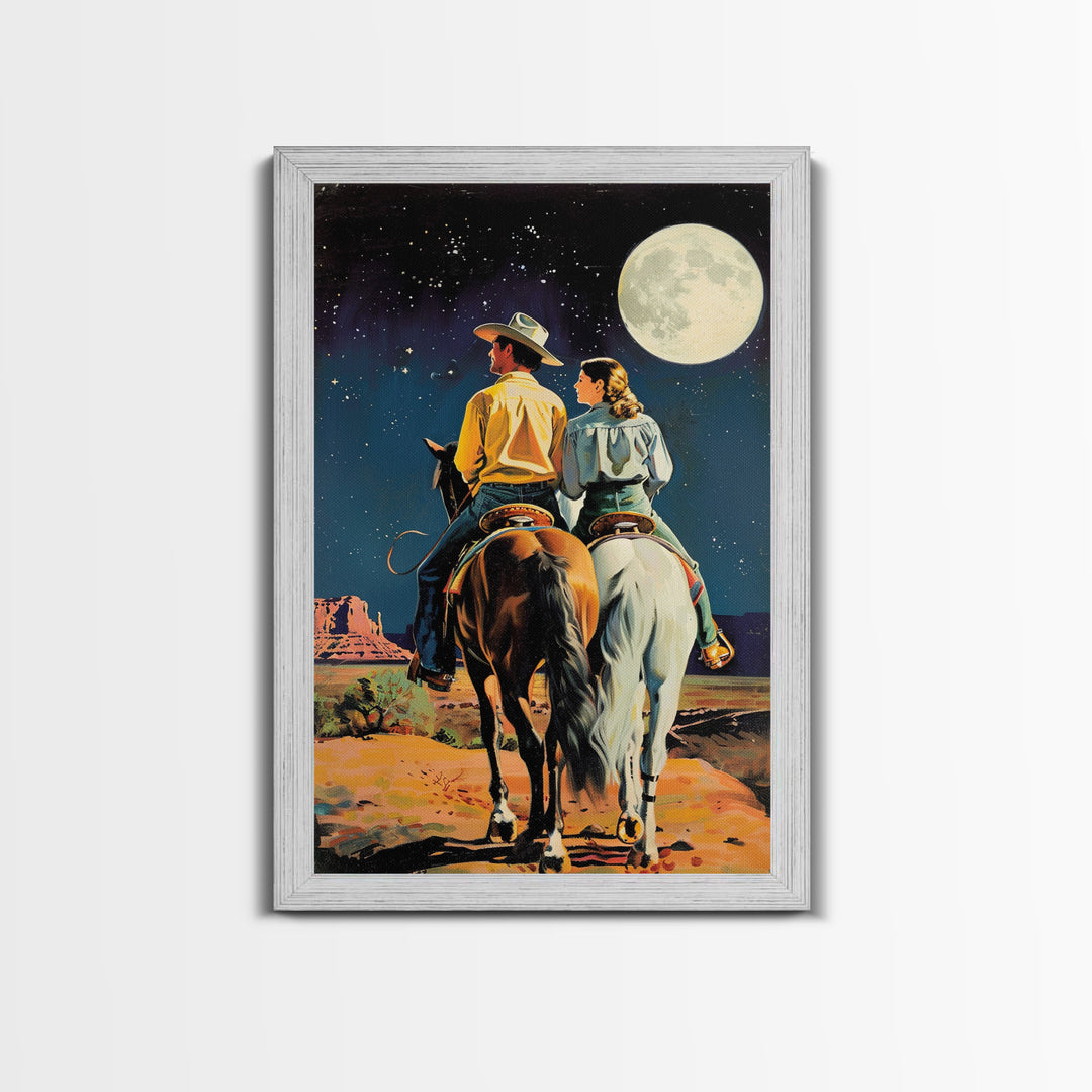 Cowboy Couple Gazing at Moon - Vintage Western Wall Art, Romantic Night Sky Painting, Living Room Decor, Cowboy Canvas Print