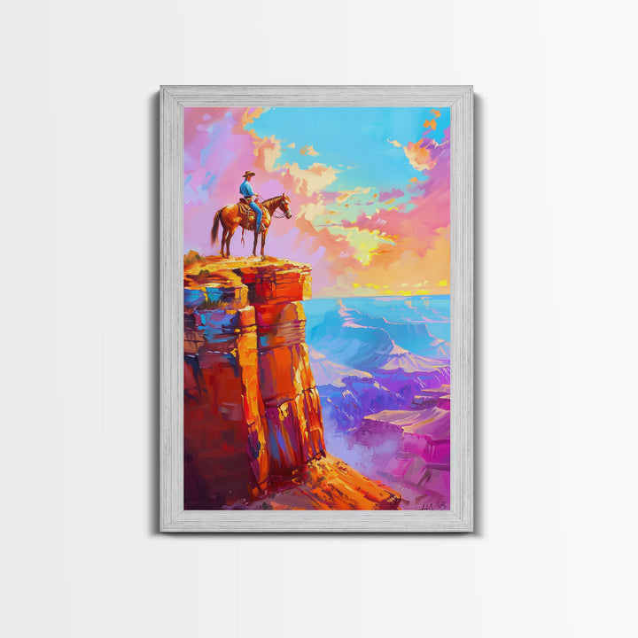 Cowboy on Cliff Edge at Sunset - Colorful Western Landscape Painting, Sunset Wall Art, Living Room Decor, Cowboy Canvas Print