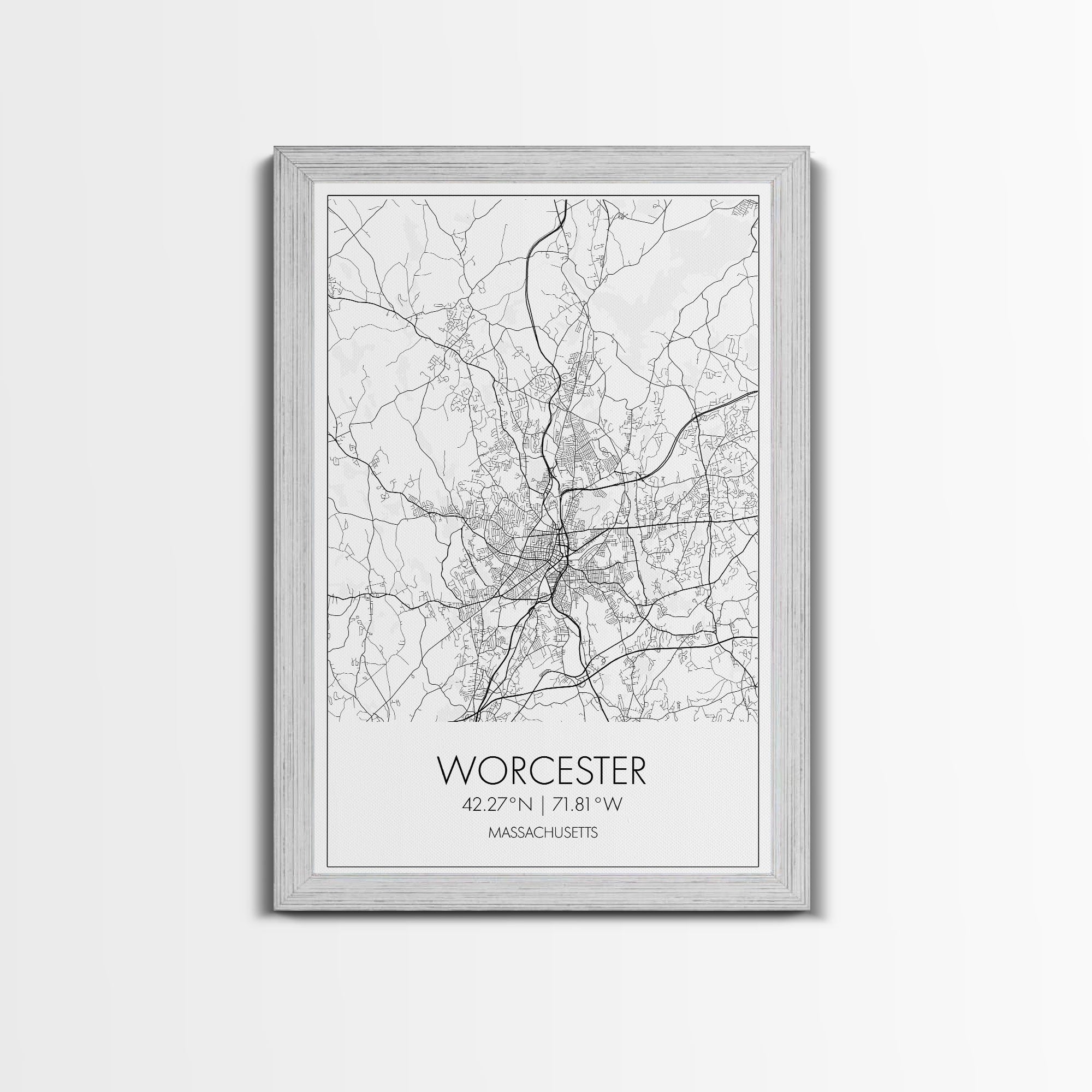 Worcester Street Map, Massachusetts Map, City Map Print, Minimalist Art, Wall Art, Canvas Print, Home Office Wall Art, Unique Travel Gifts