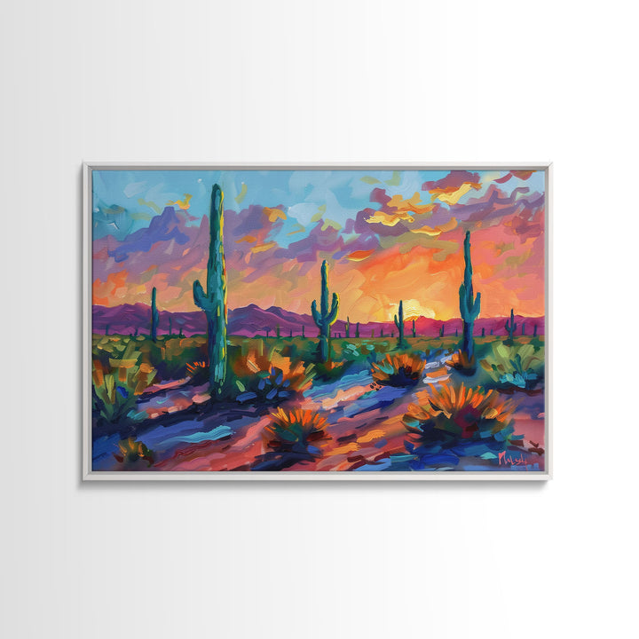 Sunset In The Desert, Framed Canvas Print, Out In The Desert, Southwestern Decor, Watercolor Painting, Original Painting