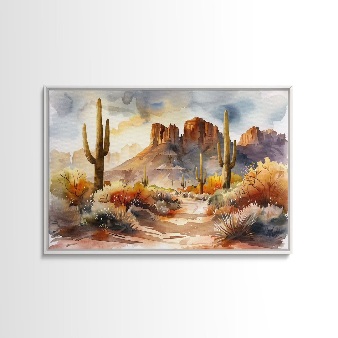 The Desert At Sunset Framed Canvas Print, Watercolor Painting, Original Wall Art Home Decor, Boho Style Farmhouse Wall Art