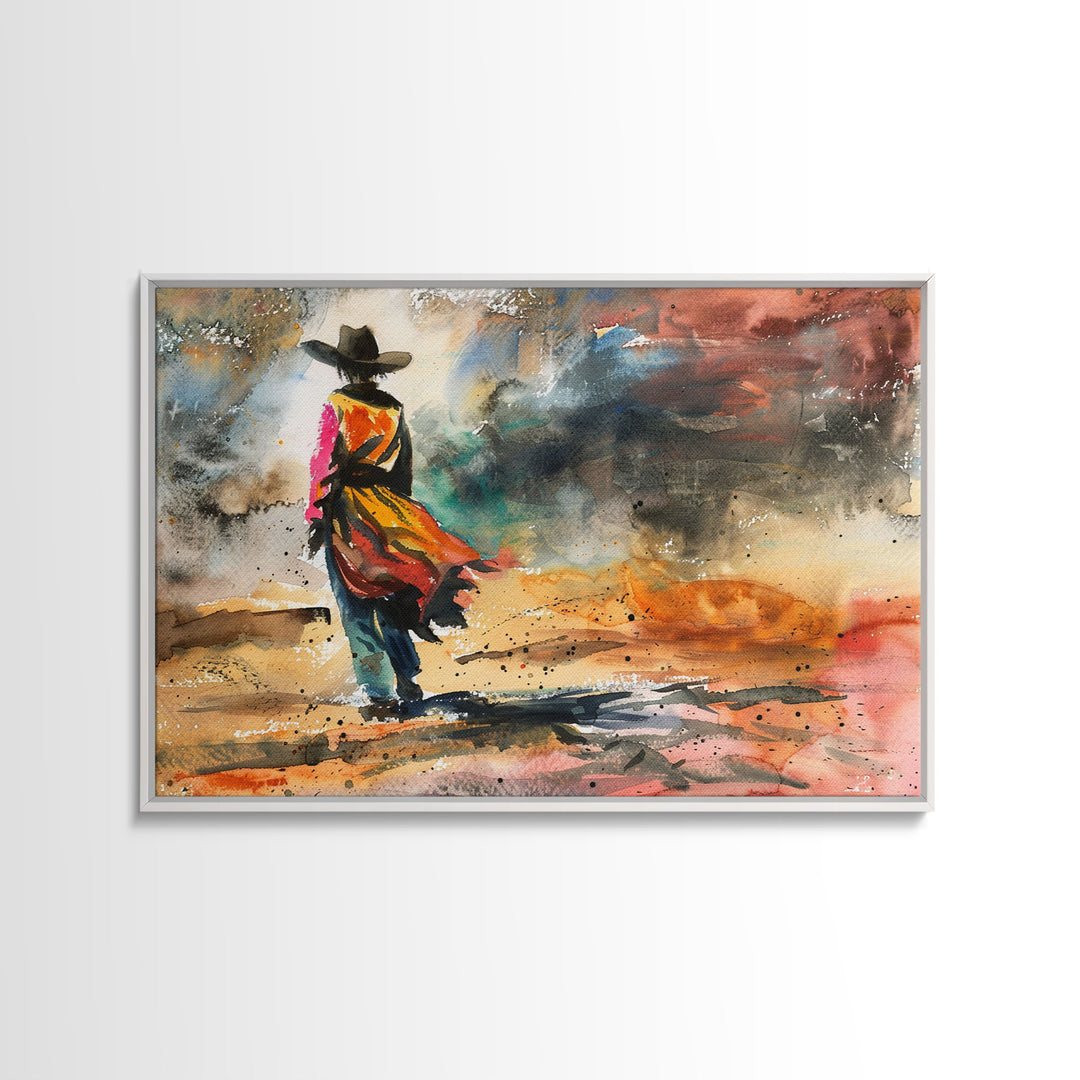 The Cowgirl, Framed Canvas Print, Metal Wall Art, Kitsch Decor, Wild West for Girls, Western Decor Watercolor Painting, Wall Art Prints