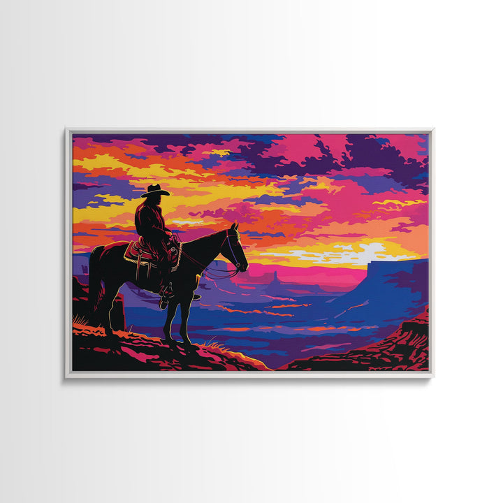 The Rider, Kitsch Western Decor, Framed Canvas Print, Western Dorm Room Decor, Wild West Wall Art, Home Decor