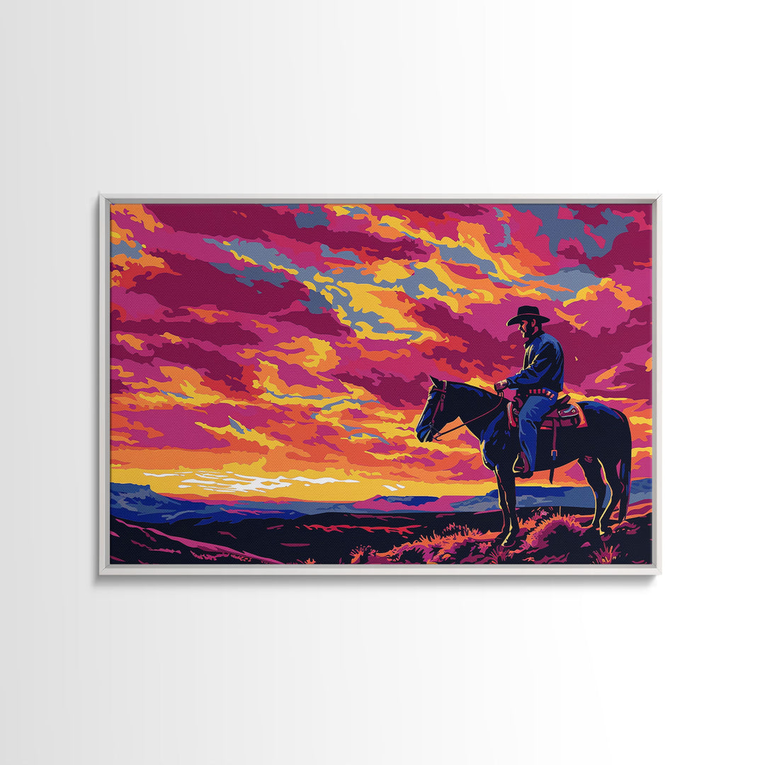 The Cowboy Rides At Sunset, Living Room Art, Framed Canvas Print Original Art, Watercolor Painting, Cowboy Painting, Rustic Western Decor