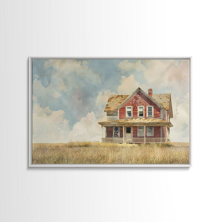 Watercolor Painting Of An Old Red Farmhouse, Framed Canvas Print, Wall Art Prints, Rustic Farmhouse Decor, Minimalist Art, Kitsch Decor