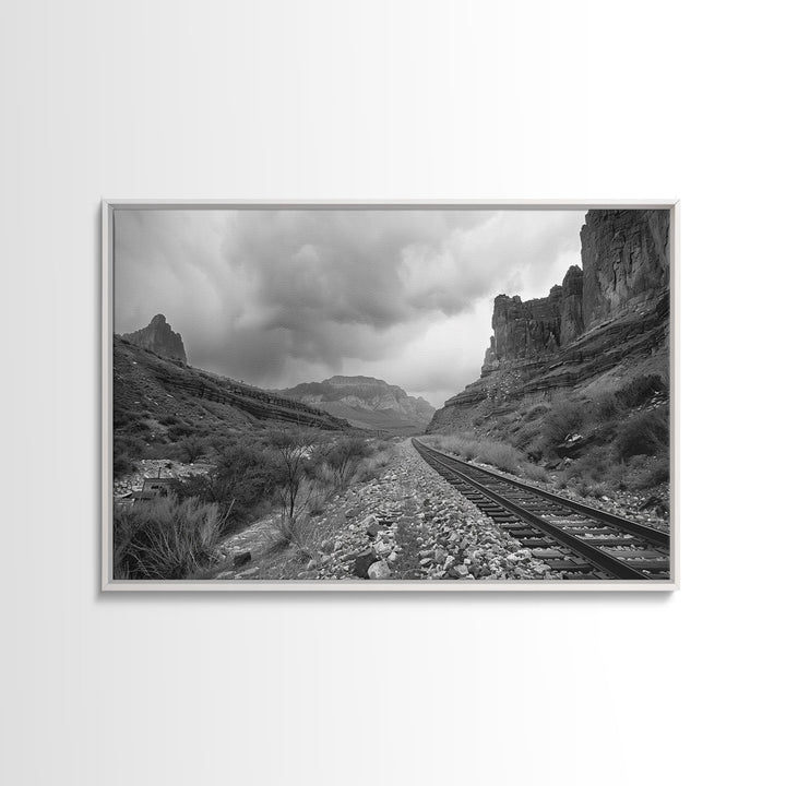 The Train Tracks, Framed Canvas Print, Black and White Western Photography, Wild West Art, Metal Art, Metal Print, Rustic Country Wall Art