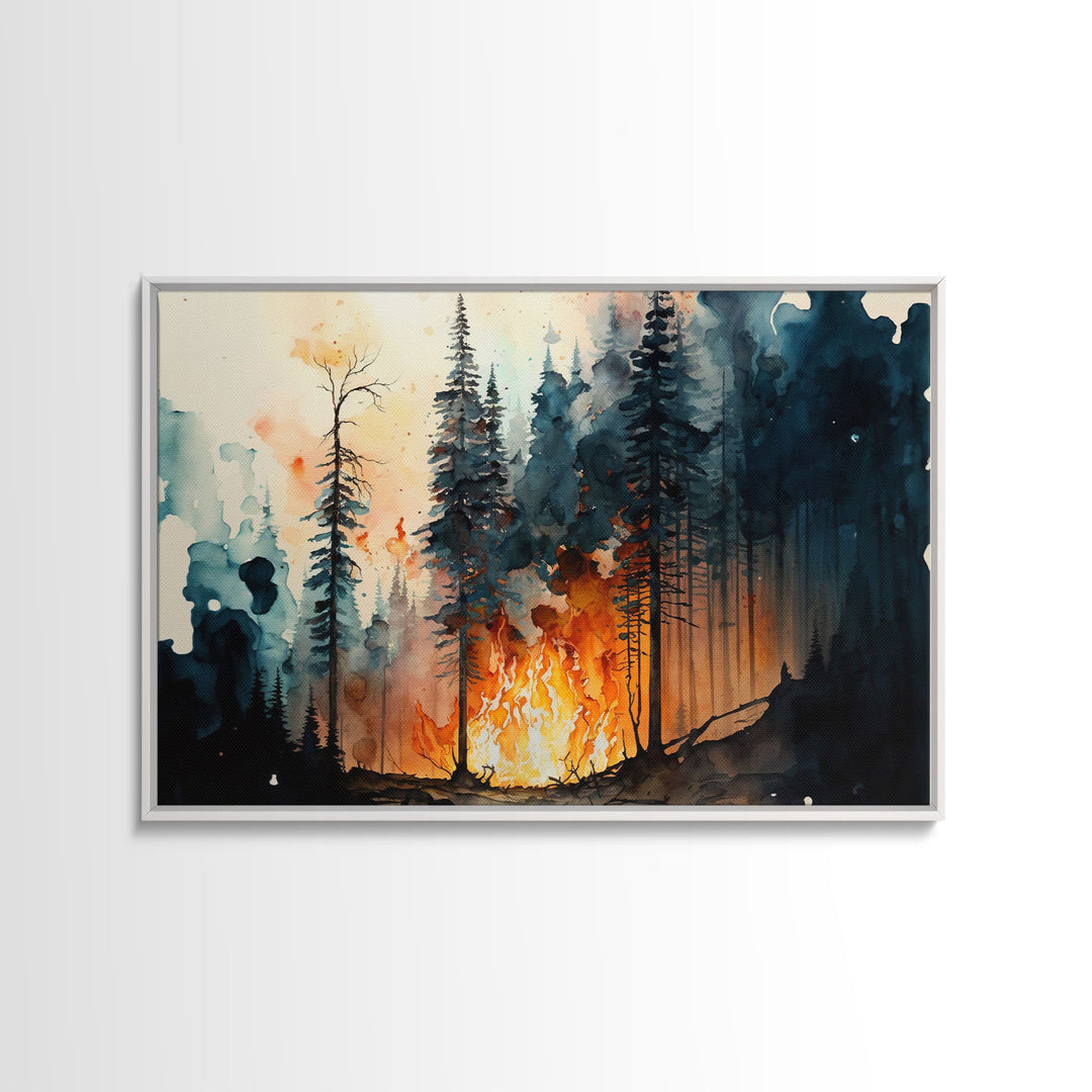 Watercolor Painting Print Of a Forest Fire, Framed Wall Art, Rustic Decor, Pine Tree Forest Print, Living Room Art, Bed Room Wall Art