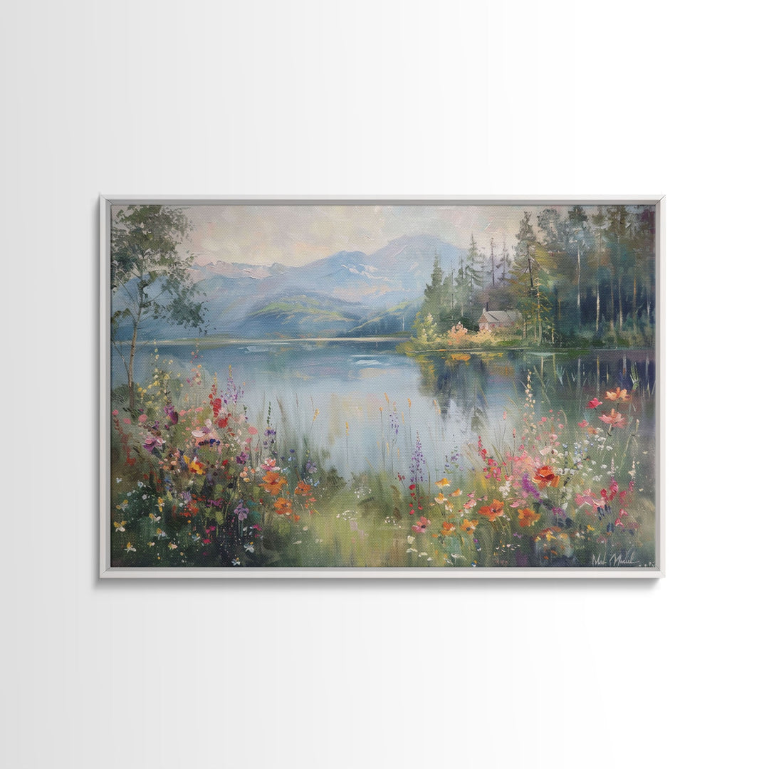 Summer At The Lake, Framed Canvas Print, Fine Art, Living Room Decor, Wildflowers Art, Lakehouse Art, Living Room Decor, Home Decor