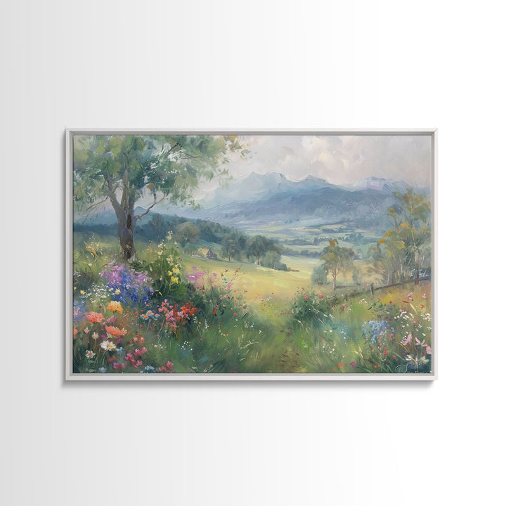 Spring Wildflower Field Landscape Painting Large Wall Art Print, Framed Canvas Nature Wall Decor, Rustic Country Landscape Living Room Art