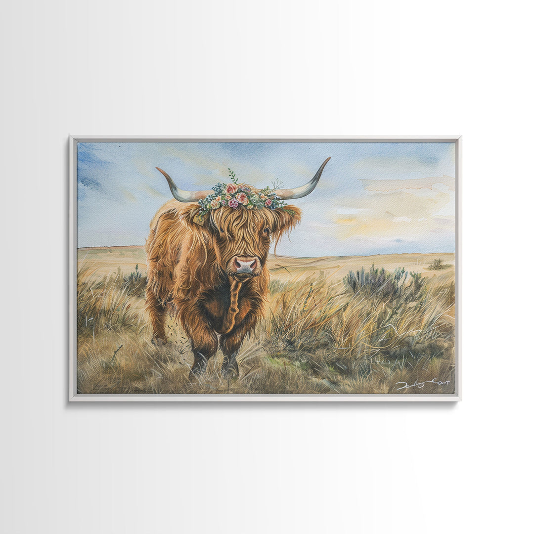 Vintage Cow Painting Framed Canvas Print | Retro Country Decor | Living Room Art | Gift For Her | Vintage Wall Art | Cottage Core Wall Art