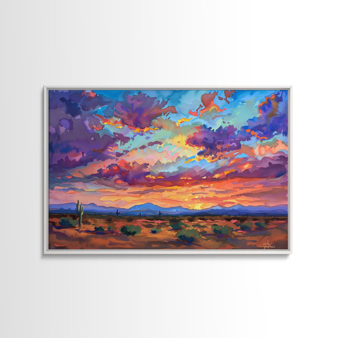 Western Desert Watercolor Framed Canvas Print, Arizona Decor, Pop Art Mid Century Modern Wall Art, Arizona Painting, Southwest Decor