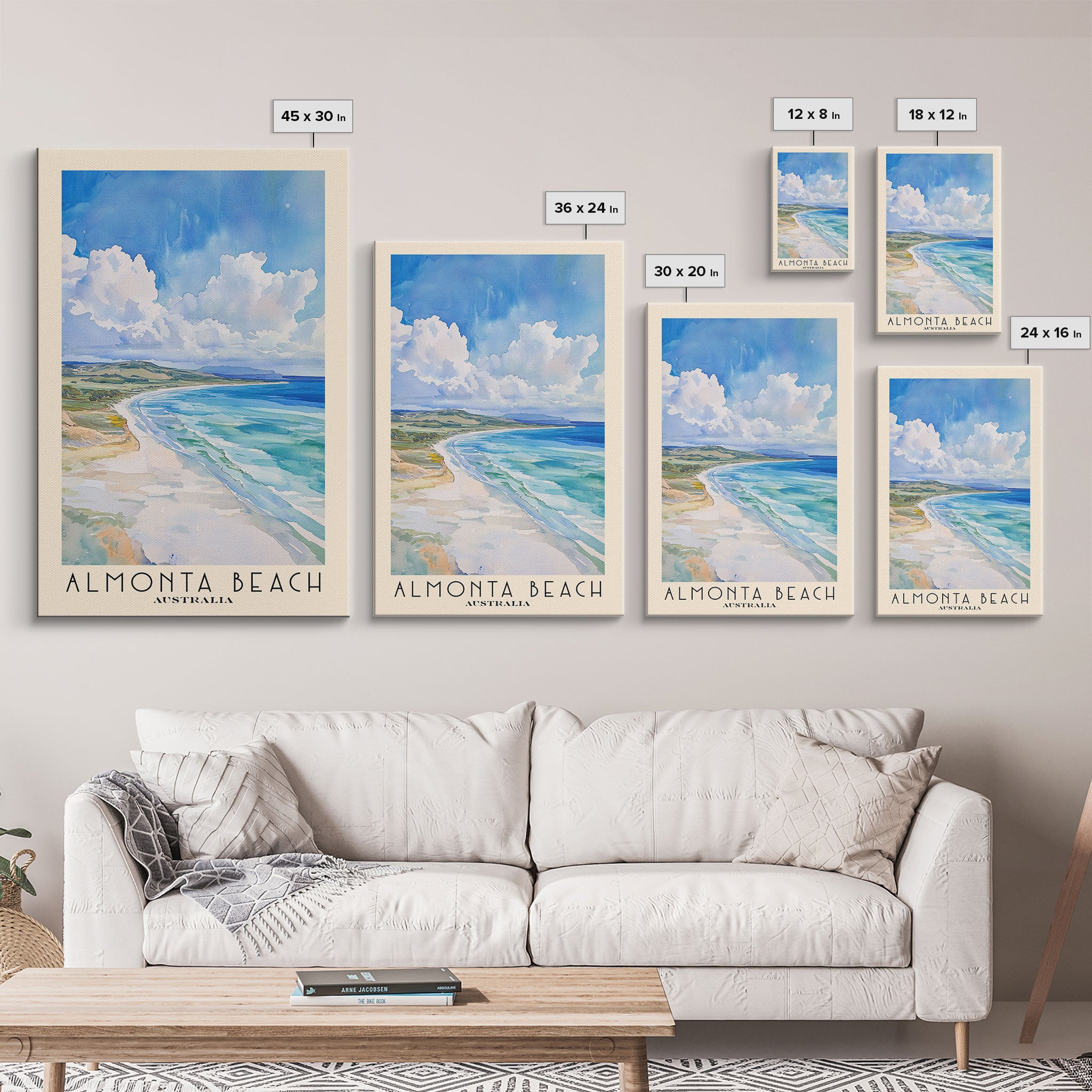 Almonta Beach, Australia Watercolor Beach Print, Vacation Gift, Australia Wall Art, Framed Canvas Print, Framed Beach Painting