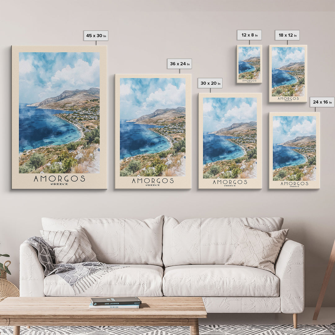 Amorgos, Greece Watercolor Print, Vacation Gift, Greece Wall Art, Beach Painting, Beach Decor, Large Wall Art, Wood Frame Art