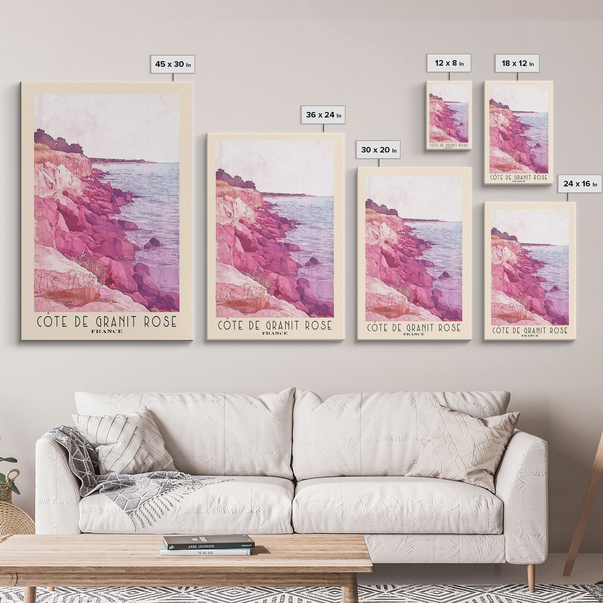 Côte de Granit Rose, France Watercolor Beach Print, Vacation Gift, France Wall Art, Framed Canvas Print, Framed Beach Painting