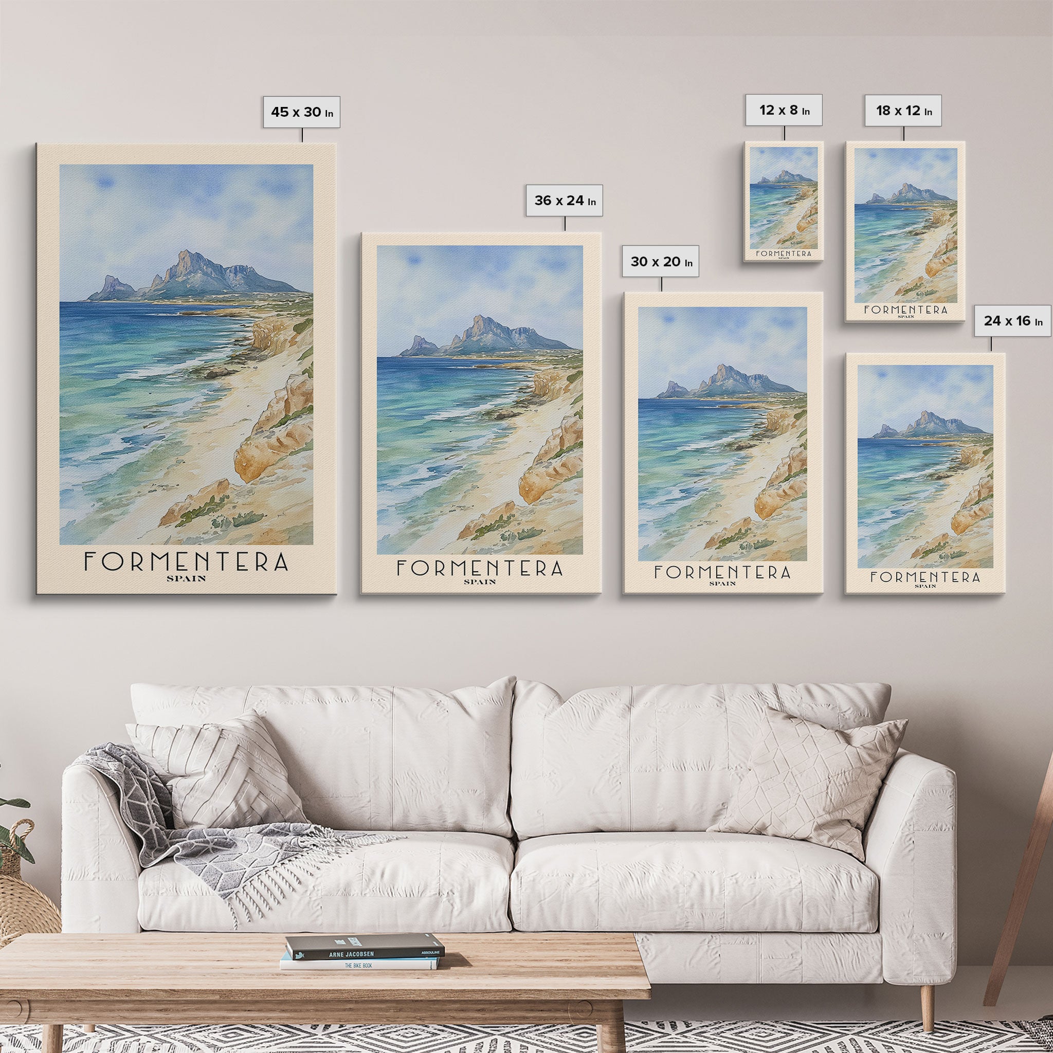 Formentera, Spain Watercolor Print, Vacation Gift, Spain Wall Art, Beach Painting, Beach Decor, Large Wall Art, Wood Frame Art