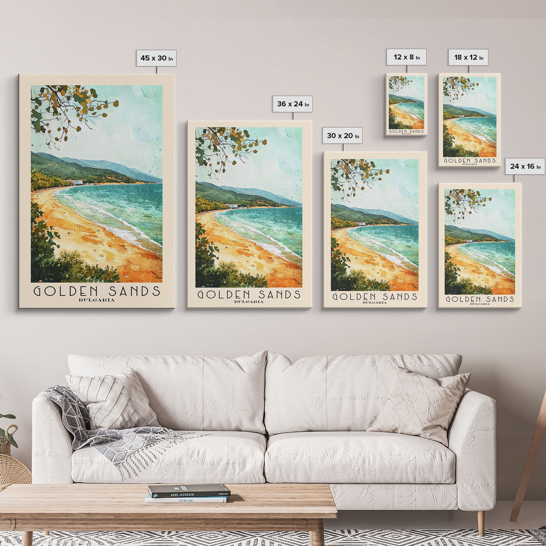 Golden Sands, Bulgaria Watercolor Beach Print, Vacation Gift, Bulgaria Wall Art, Framed Canvas Print, Framed Beach Painting