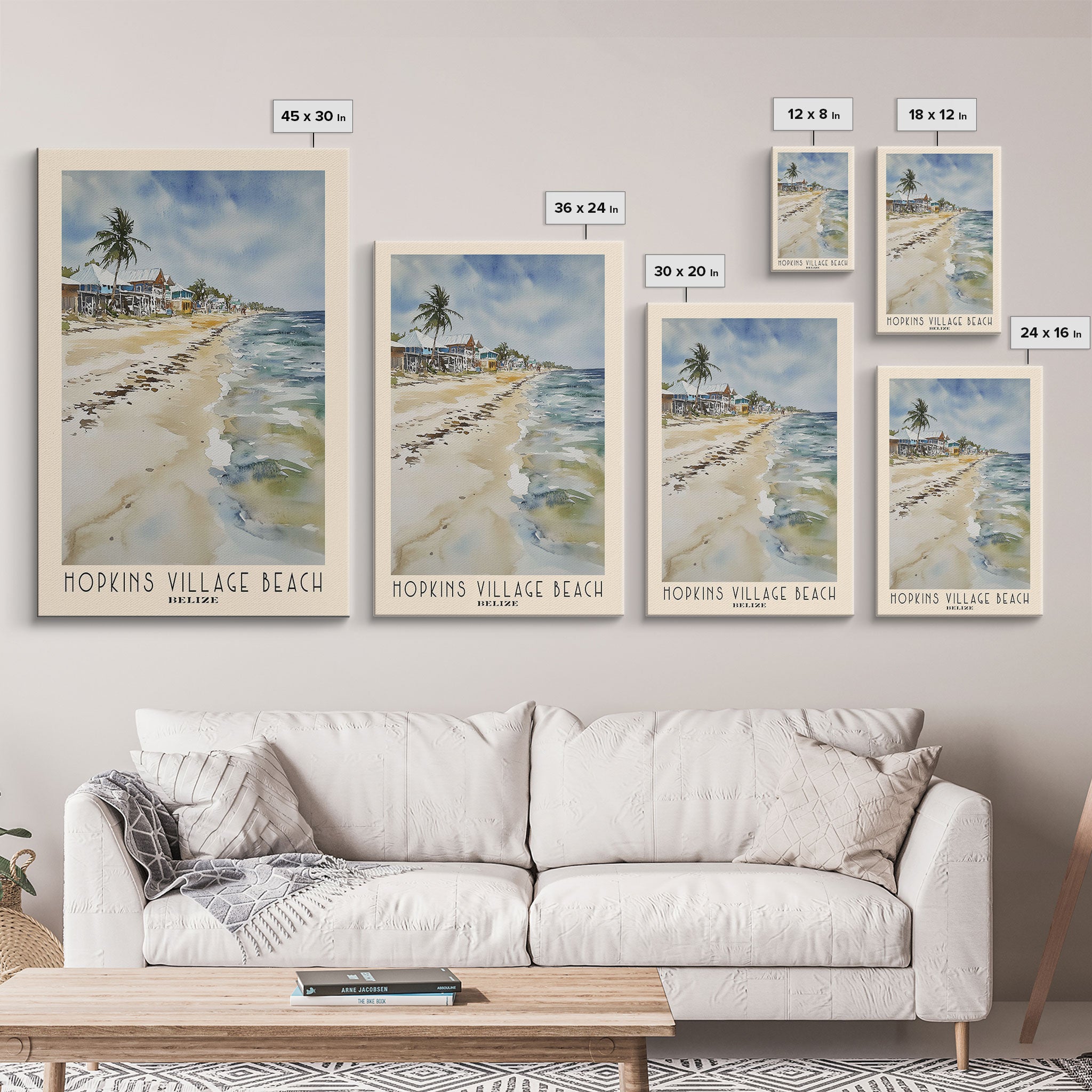 Hopkins Village Beach, Belize Watercolor Beach Print, Vacation Gift, Belize Wall Art, Framed Canvas Print, Framed Beach Painting