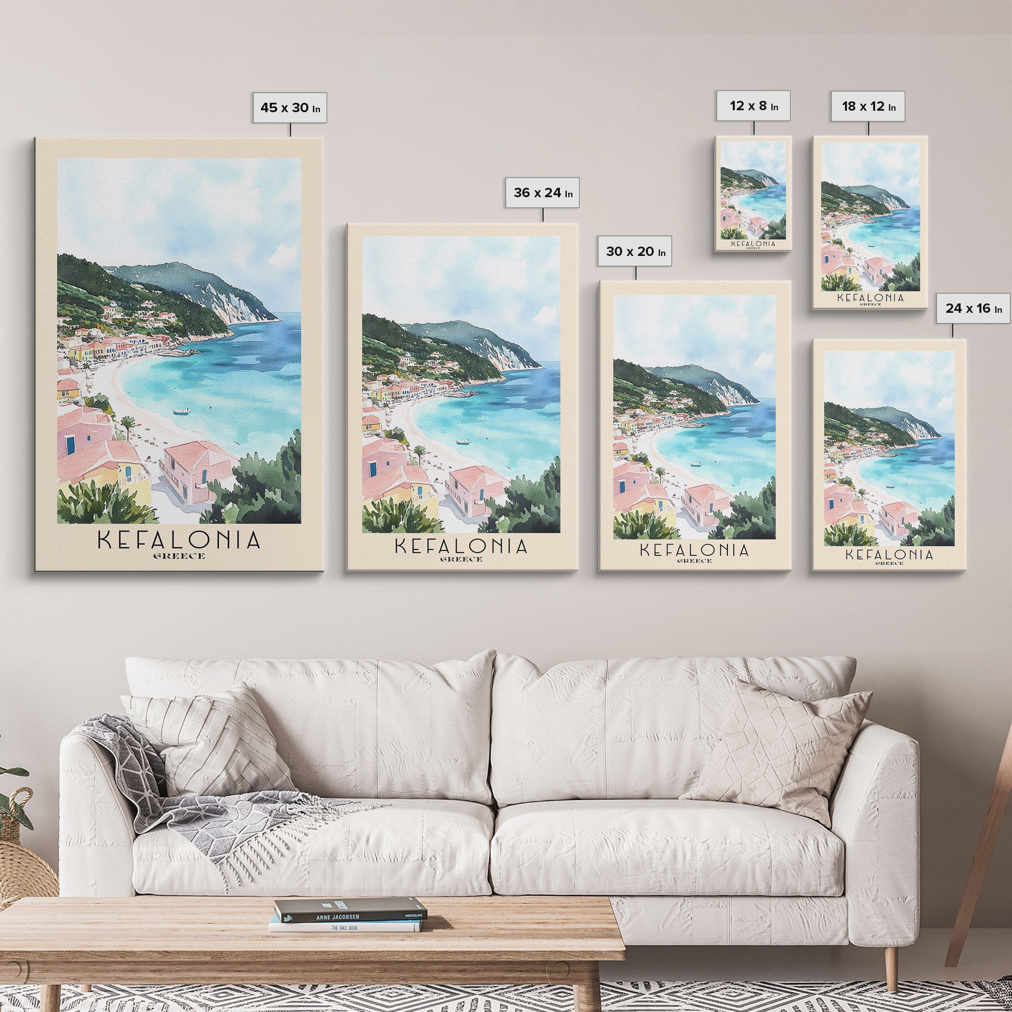 Kefalonia, Greece Watercolor Beach Print, Vacation Gift, Greece Wall Art, Framed Canvas Print, Framed Beach Painting