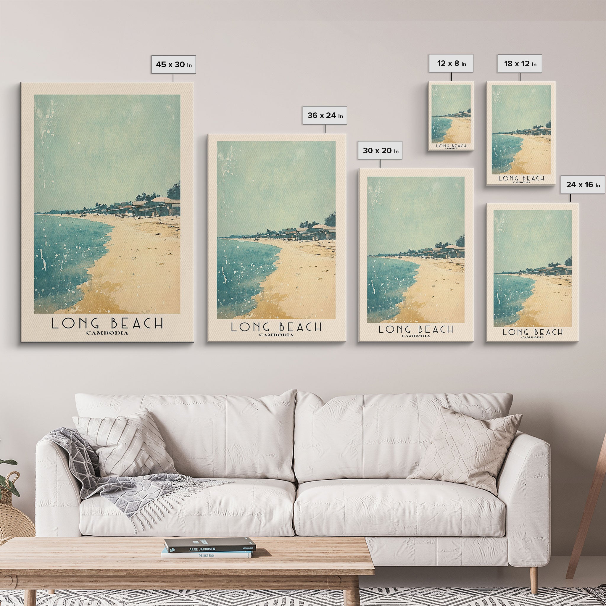 Long Beach, Cambodia Watercolor Beach Print, Vacation Gift, Cambodia Wall Art, Framed Canvas Print, Framed Beach Painting