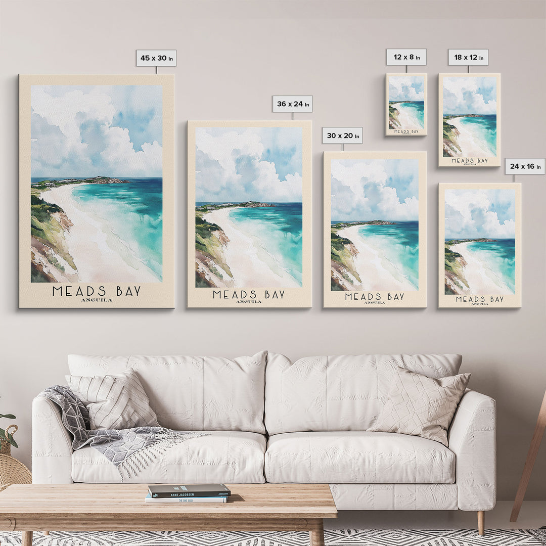 Meads Bay, Anguila Watercolor Beach Print, Vacation Gift, Anguila Wall Art, Framed Canvas Print, Framed Beach Painting