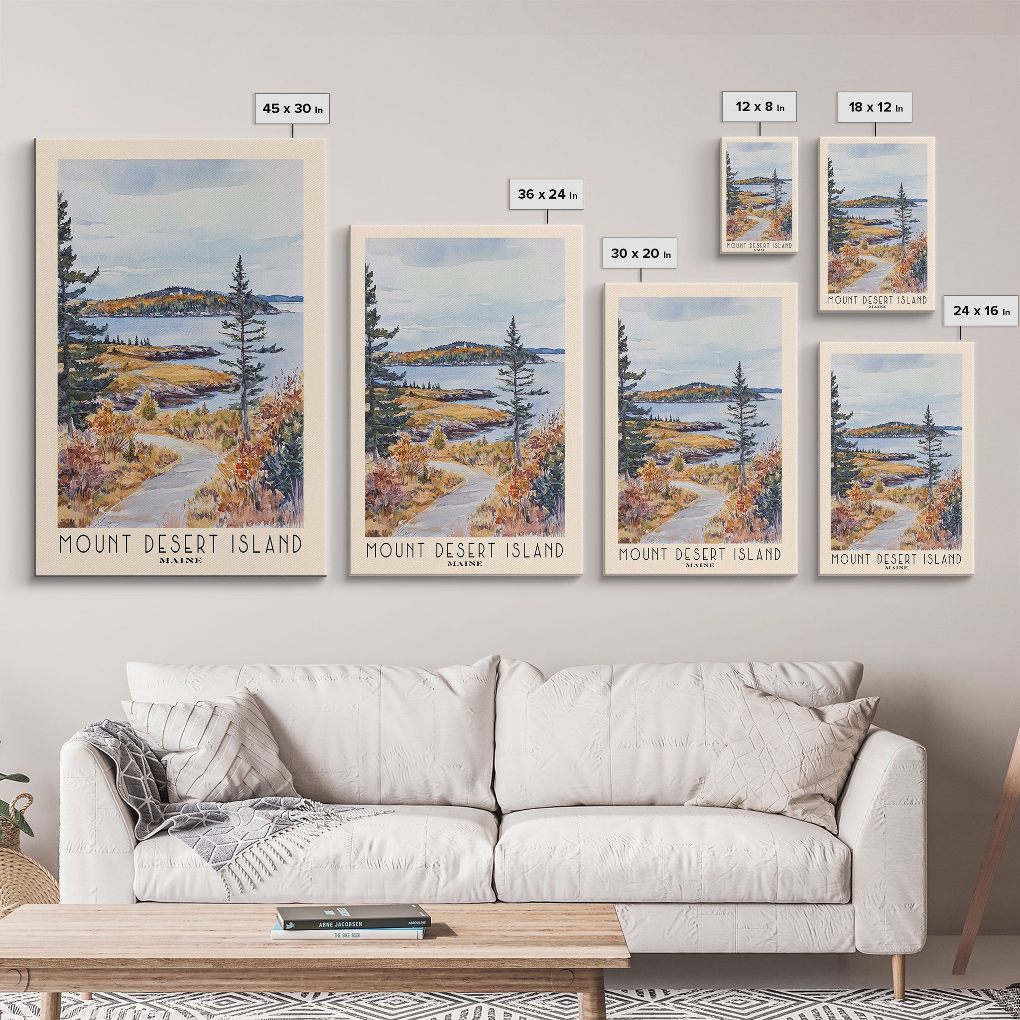 Mount Desert Island, Maine Watercolor Beach Print, Vacation Gift, Maine Wall Art, Framed Canvas Print, Framed Beach Painting