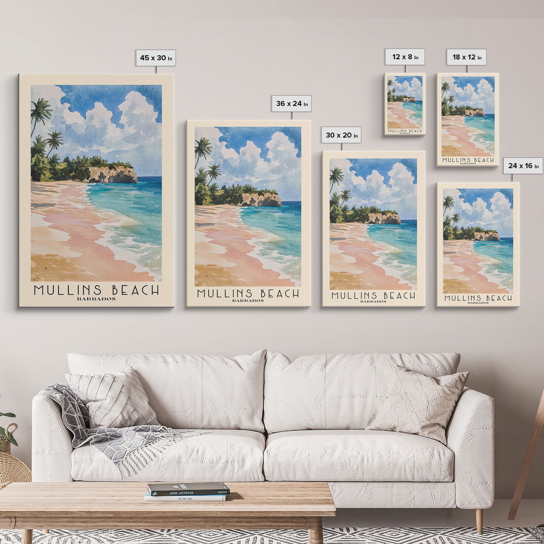 Mullins Beach, Barbados Watercolor Beach Print, Vacation Gift, Barbados Wall Art, Framed Canvas Print, Framed Beach Painting