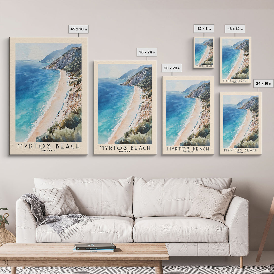 Myrtos Beach, Greece Watercolor Print, Vacation Gift, Greece Wall Art, Beach Painting, Beach Decor, Large Wall Art, Wood Frame Art