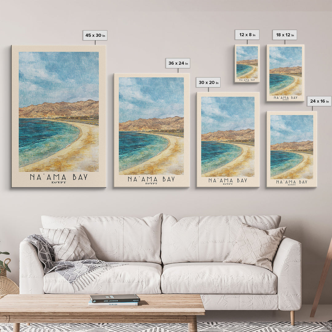 Na’ama Bay, Egypt Watercolor Beach Print, Vacation Gift, Egypt Wall Art, Framed Canvas Print, Framed Beach Painting