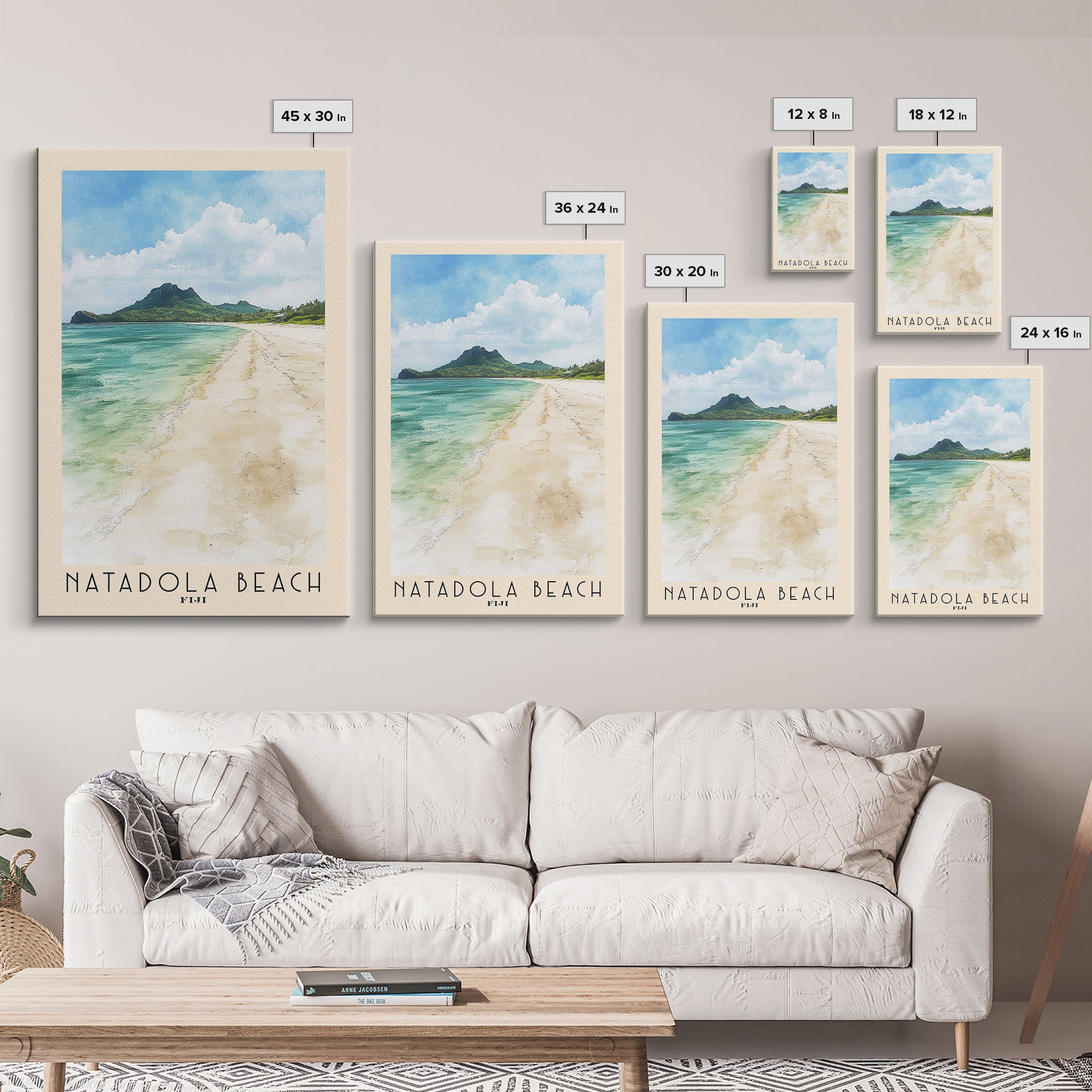 Natadola Beach, Fiji Watercolor Print, Vacation Gift, Fiji Wall Art, Beach Painting, Beach Decor, Large Wall Art, Wood Frame Art