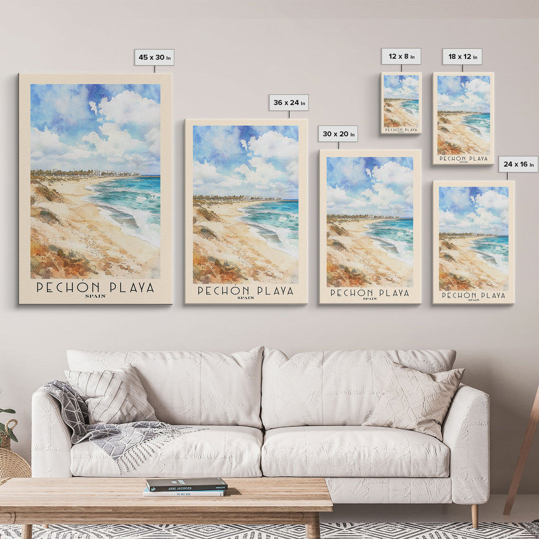 Pechón Playa, Spain Watercolor Print, Vacation Gift, Spain Wall Art, Beach Painting, Beach Decor, Large Wall Art, Wood Frame Art