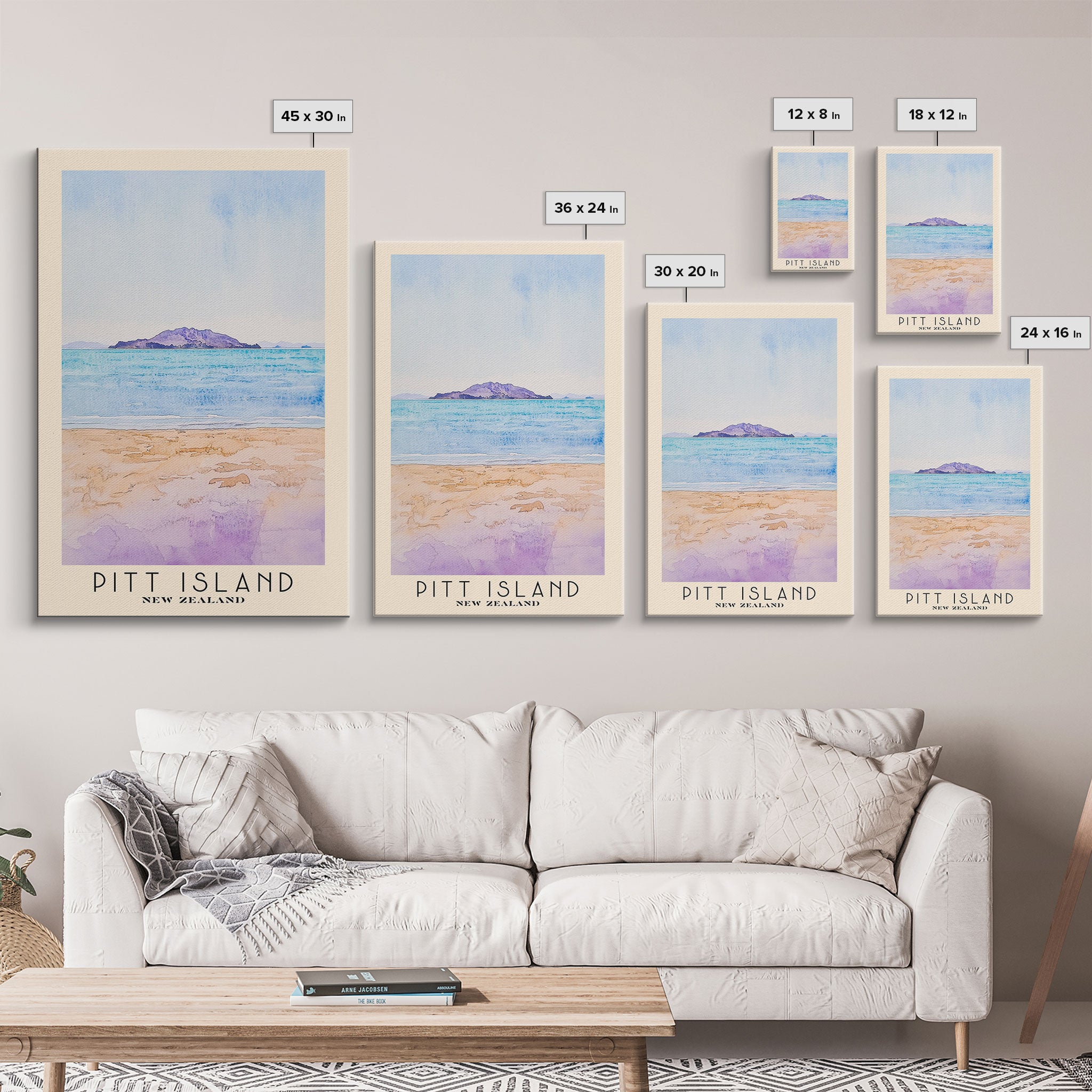 Pitt Island, New Zealand Watercolor Beach Print, Vacation Gift, New Zealand Wall Art, Framed Canvas Print, Framed Beach Painting