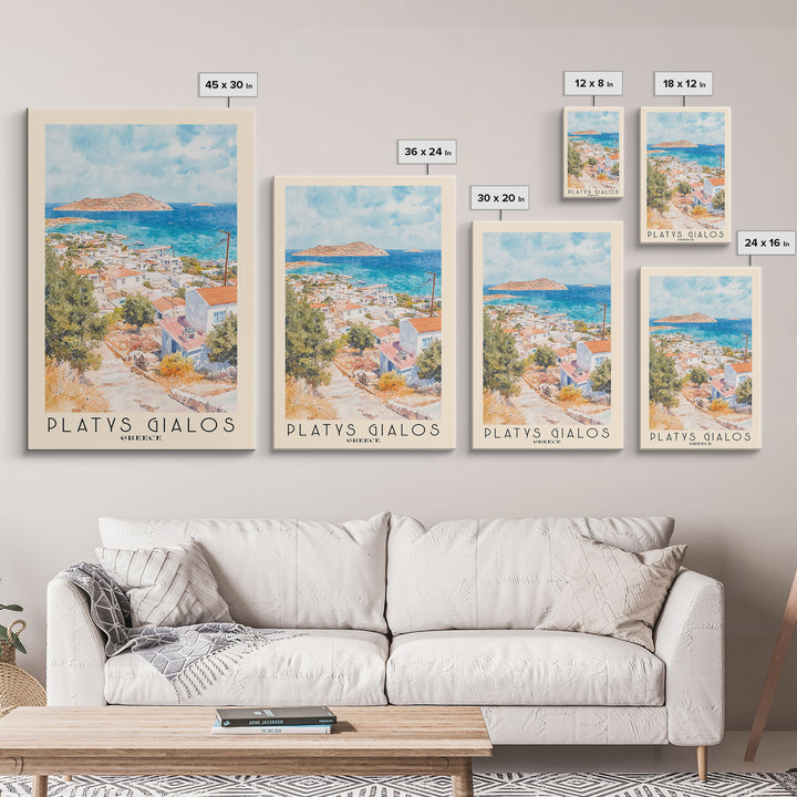 Platys Gialos, Greece Watercolor Beach Print, Vacation Gift, Greece Wall Art, Framed Canvas Print, Framed Beach Painting