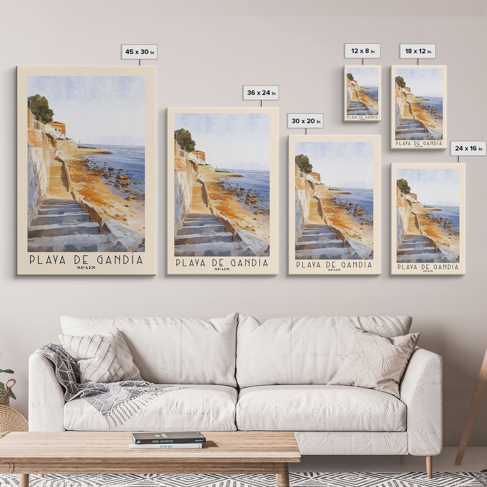 Playa de Gandía, Spain Watercolor Beach Print, Vacation Gift, Spain Wall Art, Framed Canvas Print, Framed Beach Painting