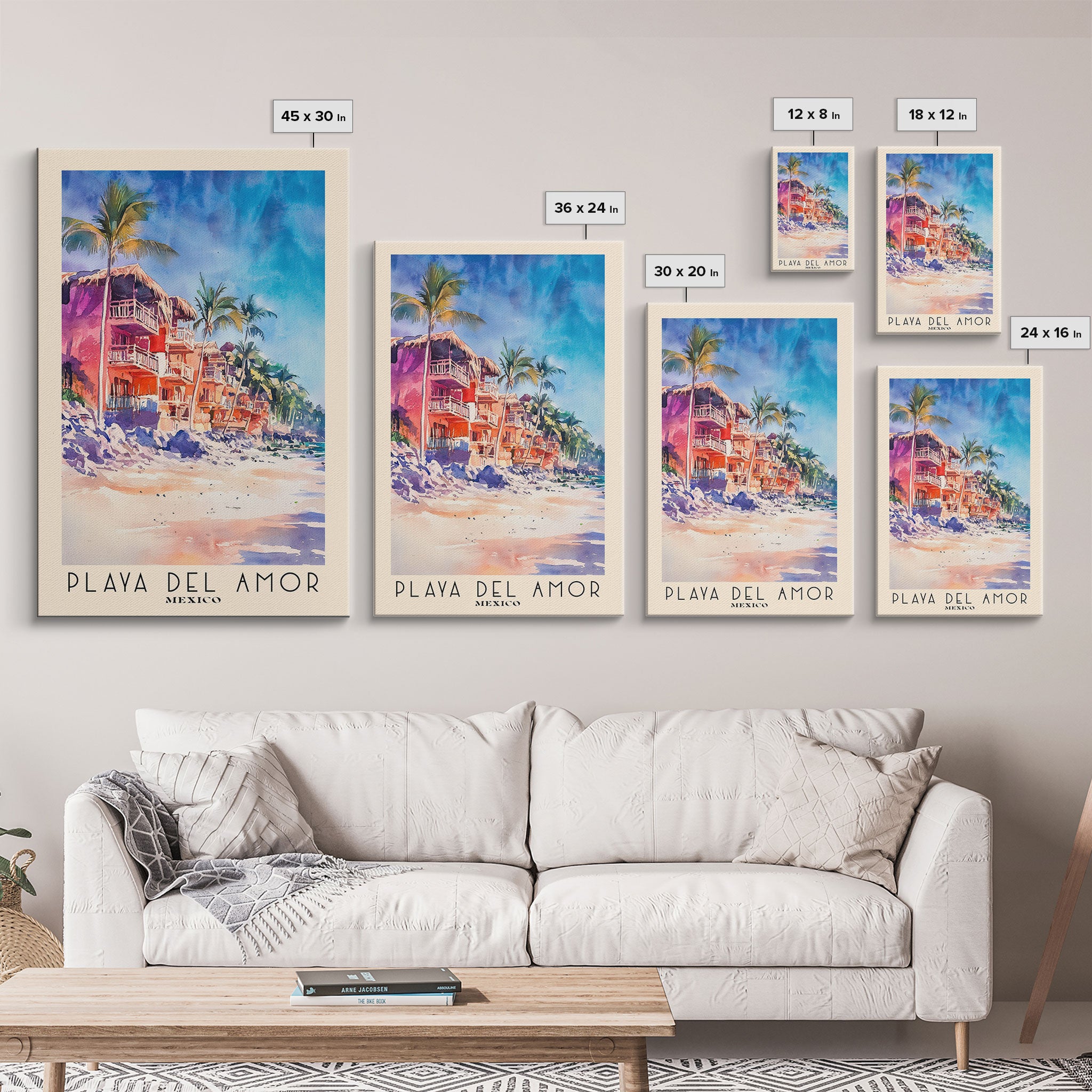 Playa del Amor, Mexico Watercolor Beach Print, Vacation Gift, Mexico Wall Art, Framed Canvas Print, Framed Beach Painting