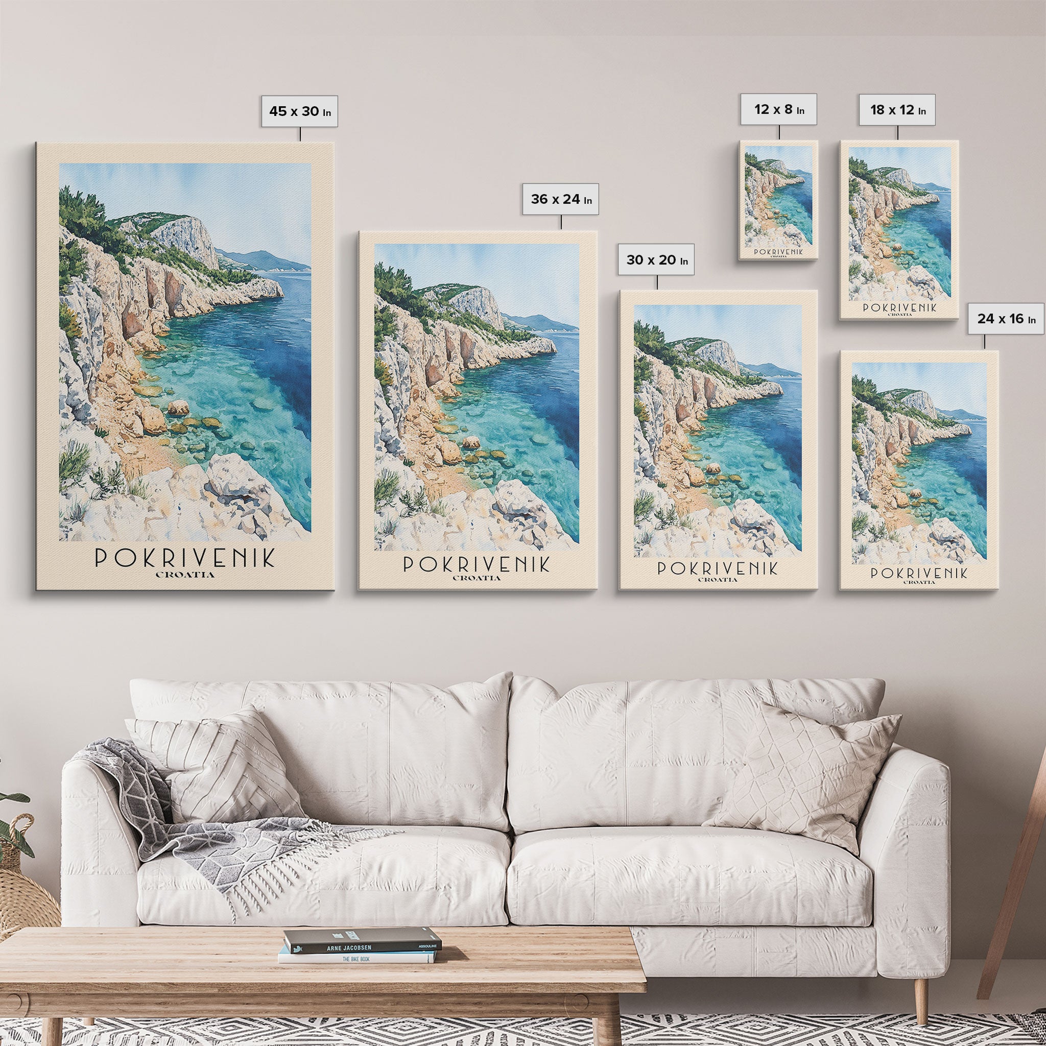 Pokrivenik, Croatia Watercolor Print, Vacation Gift, Croatia Wall Art, Beach Painting, Beach Decor, Large Wall Art, Wood Frame Art