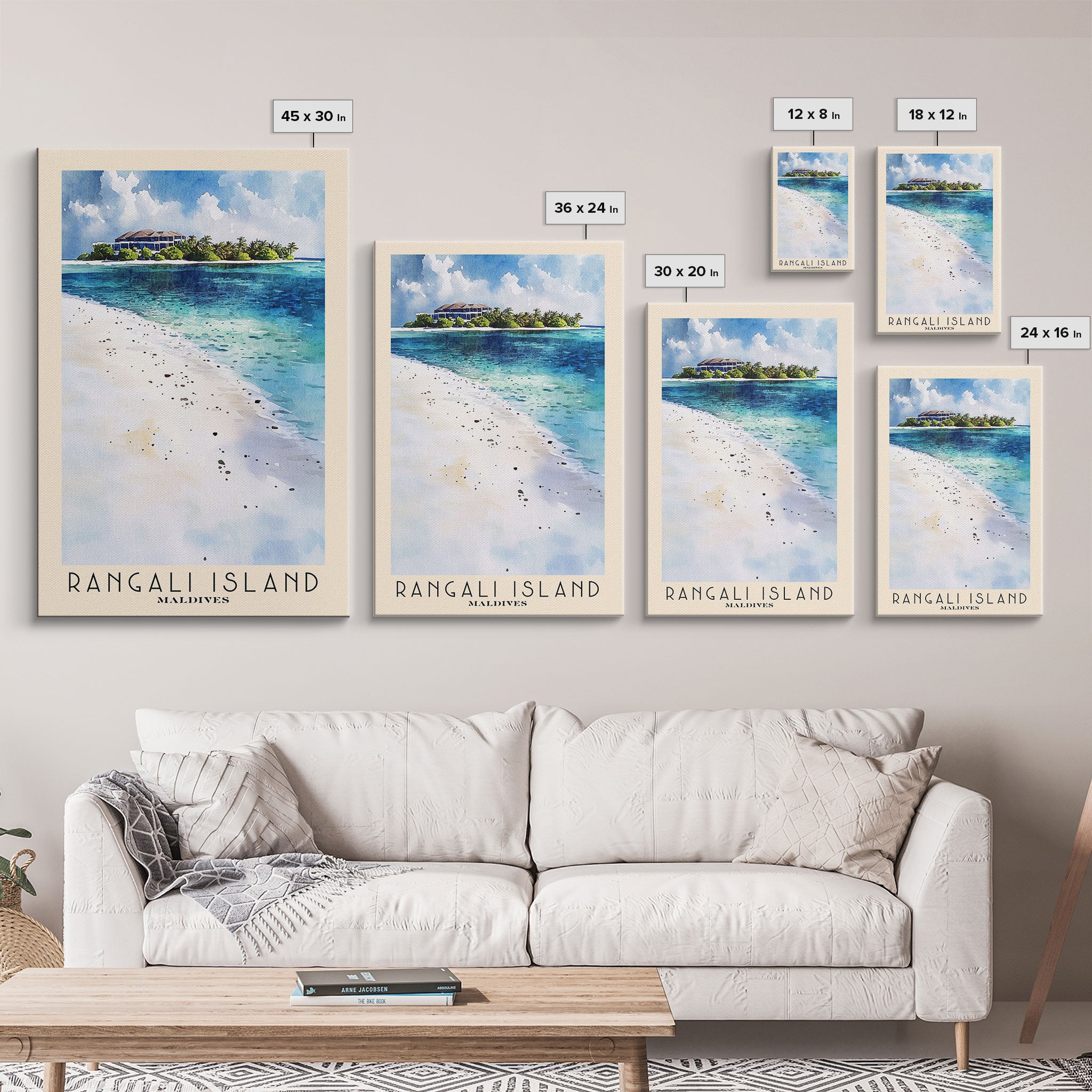 Rangali Island, Maldives Watercolor Beach Print, Vacation Gift, Maldives Wall Art, Framed Canvas Print, Framed Beach Painting