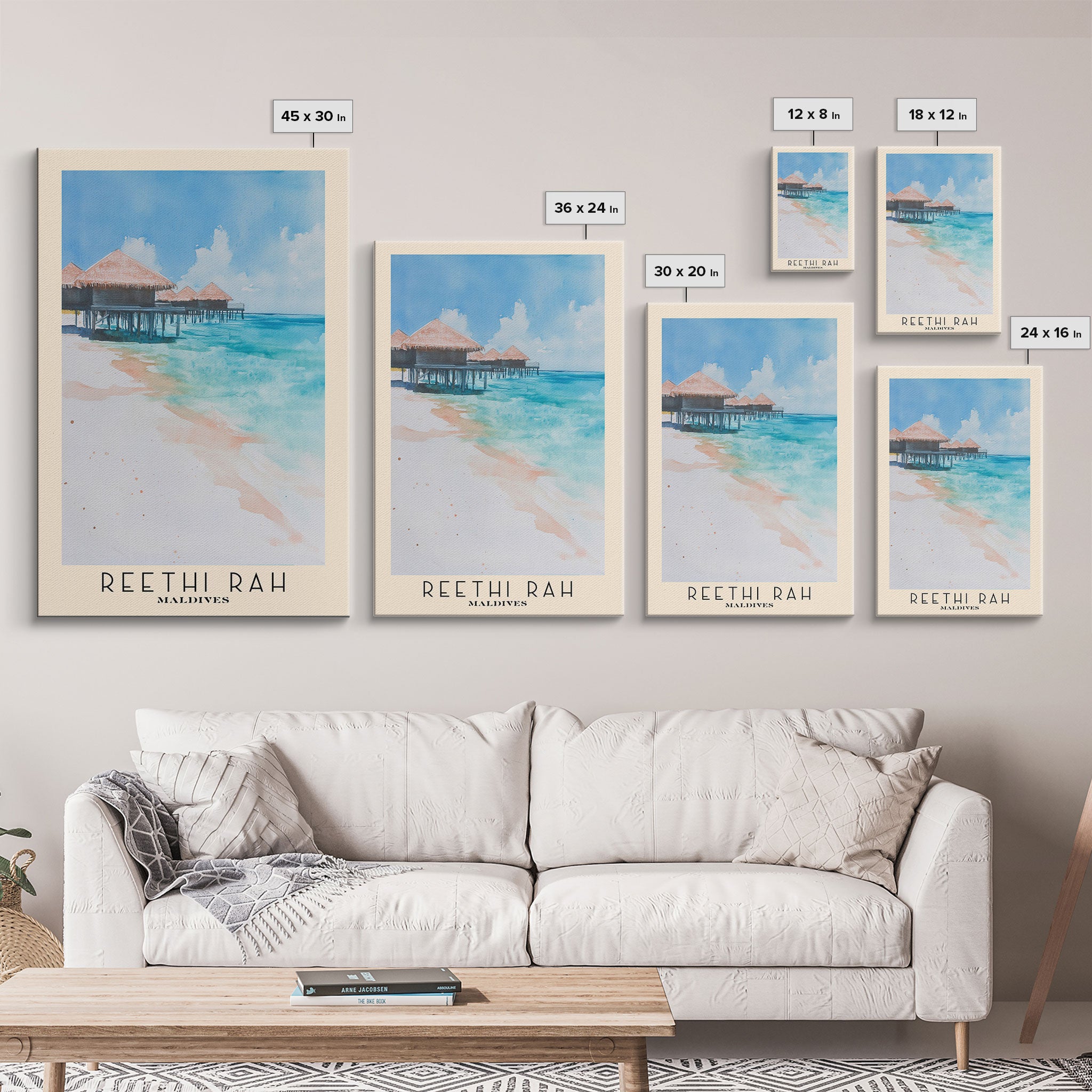 Reethi Rah, Maldives Watercolor Beach Print, Vacation Gift, Maldives Wall Art, Framed Canvas Print, Framed Beach Painting