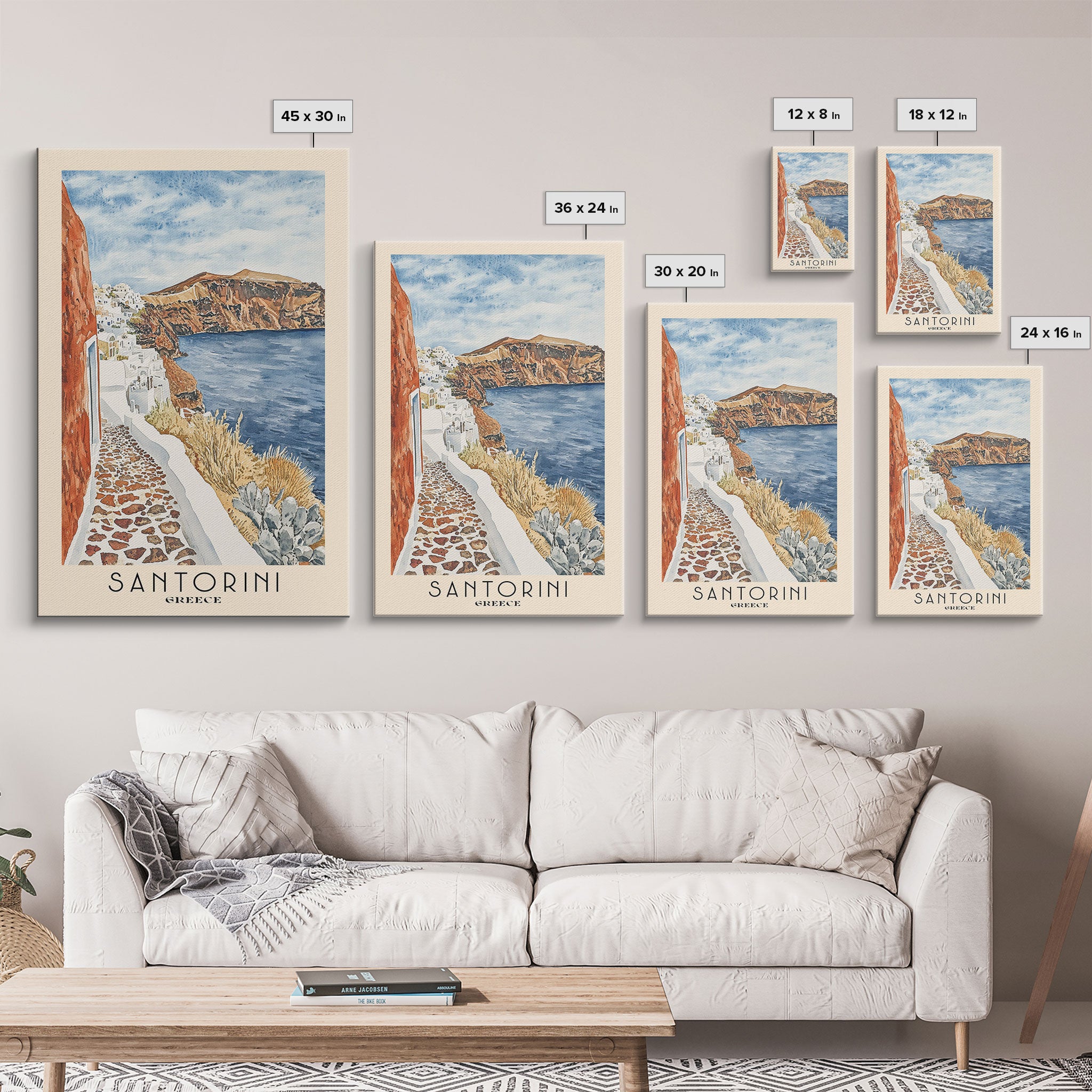 Santorini, Greece Watercolor Beach Print, Vacation Gift, Greece Wall Art, Beach Painting, Beach Decor, Beach Painting