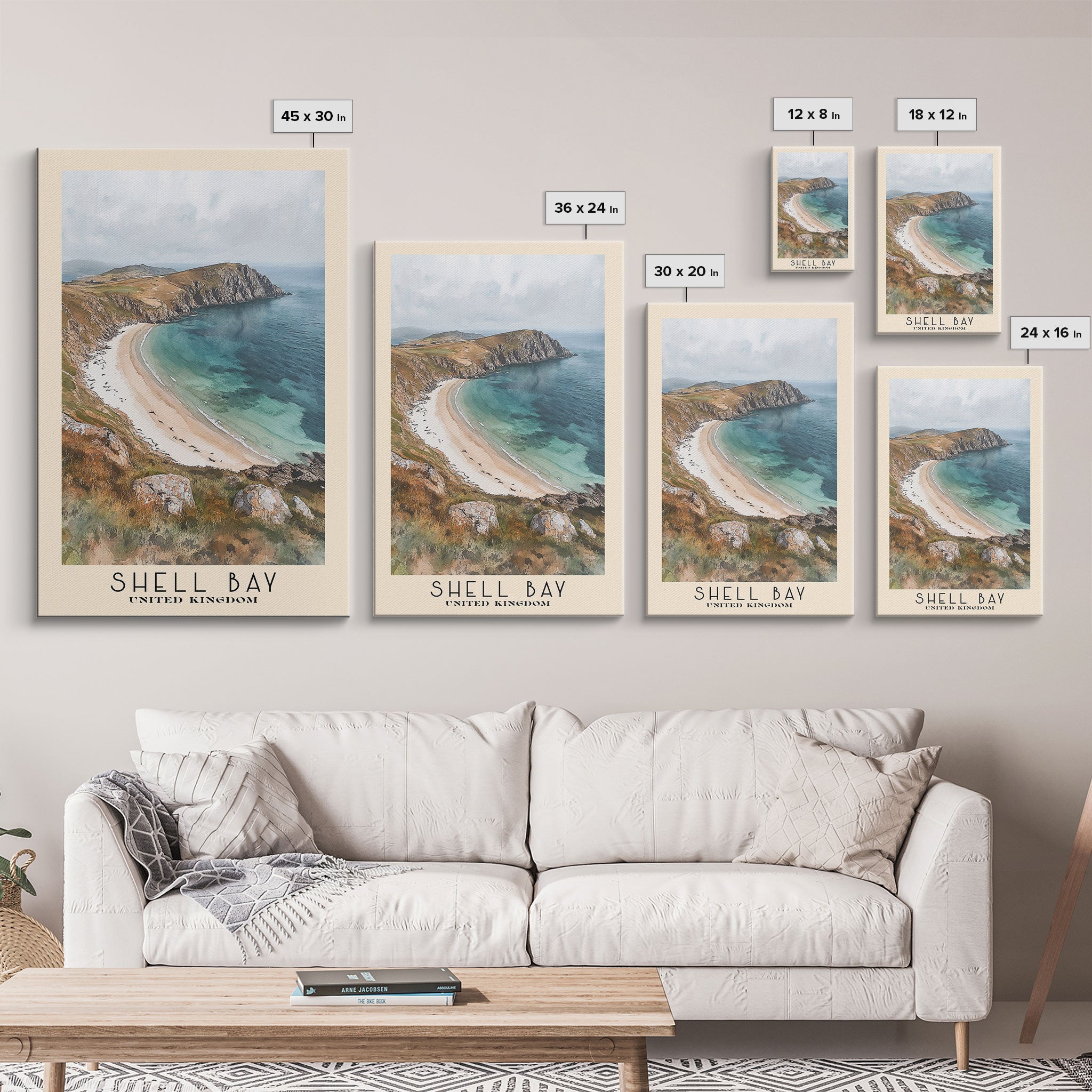 Shell Bay, United Kingdom Watercolor Beach Print, Vacation Gift, United Kingdom Wall Art, Framed Canvas Print, Framed Beach Painting