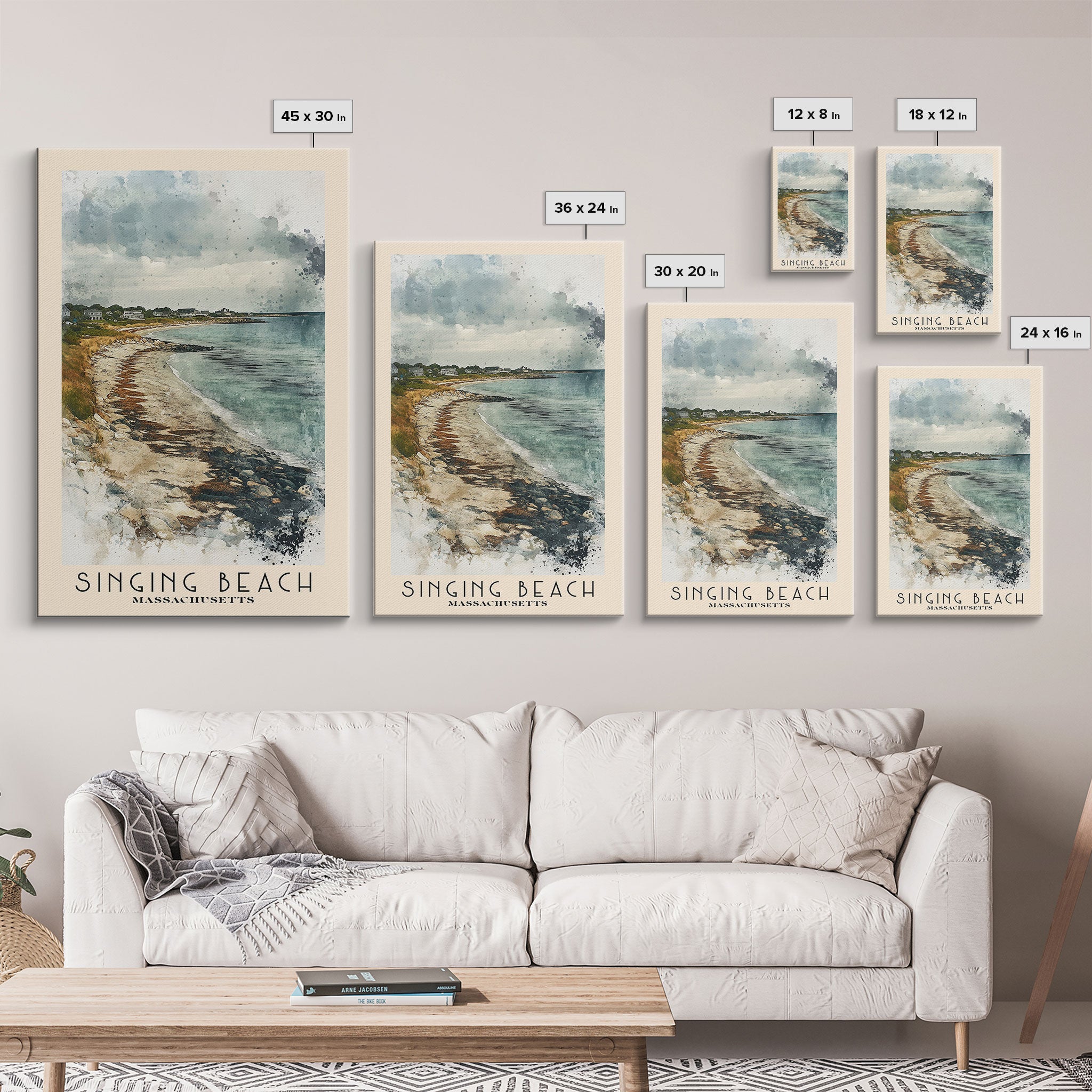 Singing Beach, Massachusetts Watercolor Beach Print, Vacation Gift, Massachusetts Wall Art, Framed Canvas Print, Framed Beach Painting