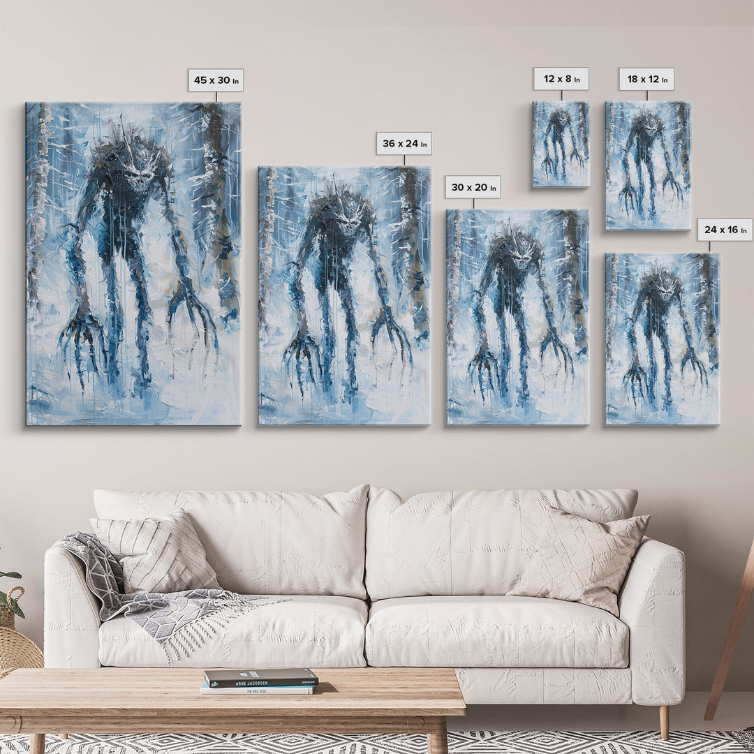 Wendigo in Winter Woods Framed Canvas Print, Eerie Winter Monster Decor, Halloween Creature Art Haunted Forest Wall Art Spooky Monster Print