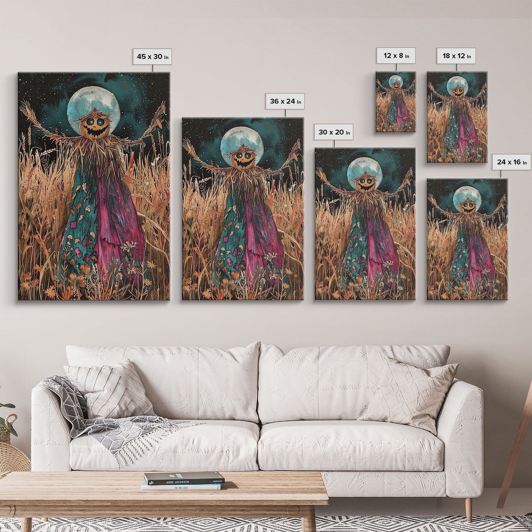 Spooky Scarecrow in Field Framed Canvas Print, Haunted Field Decor, Halloween Scarecrow Art, Eerie Harvest Wall Art, Creepy Scarecrow Print