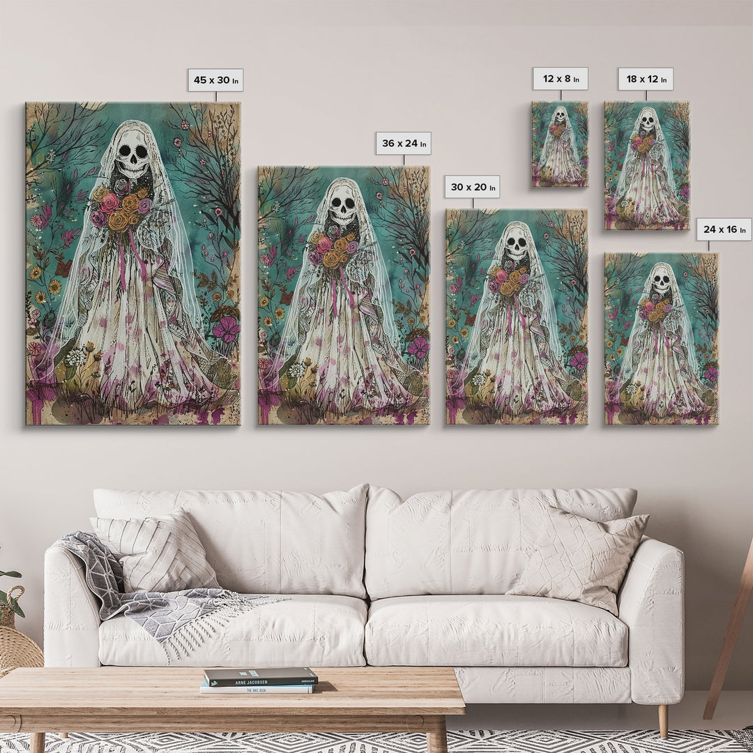 The Ghostly Bride, Cottage Core Ghost Decor, Cottagecore Halloween Art Framed Canvas Print, Unique Wall Art, Spooky Season Decor