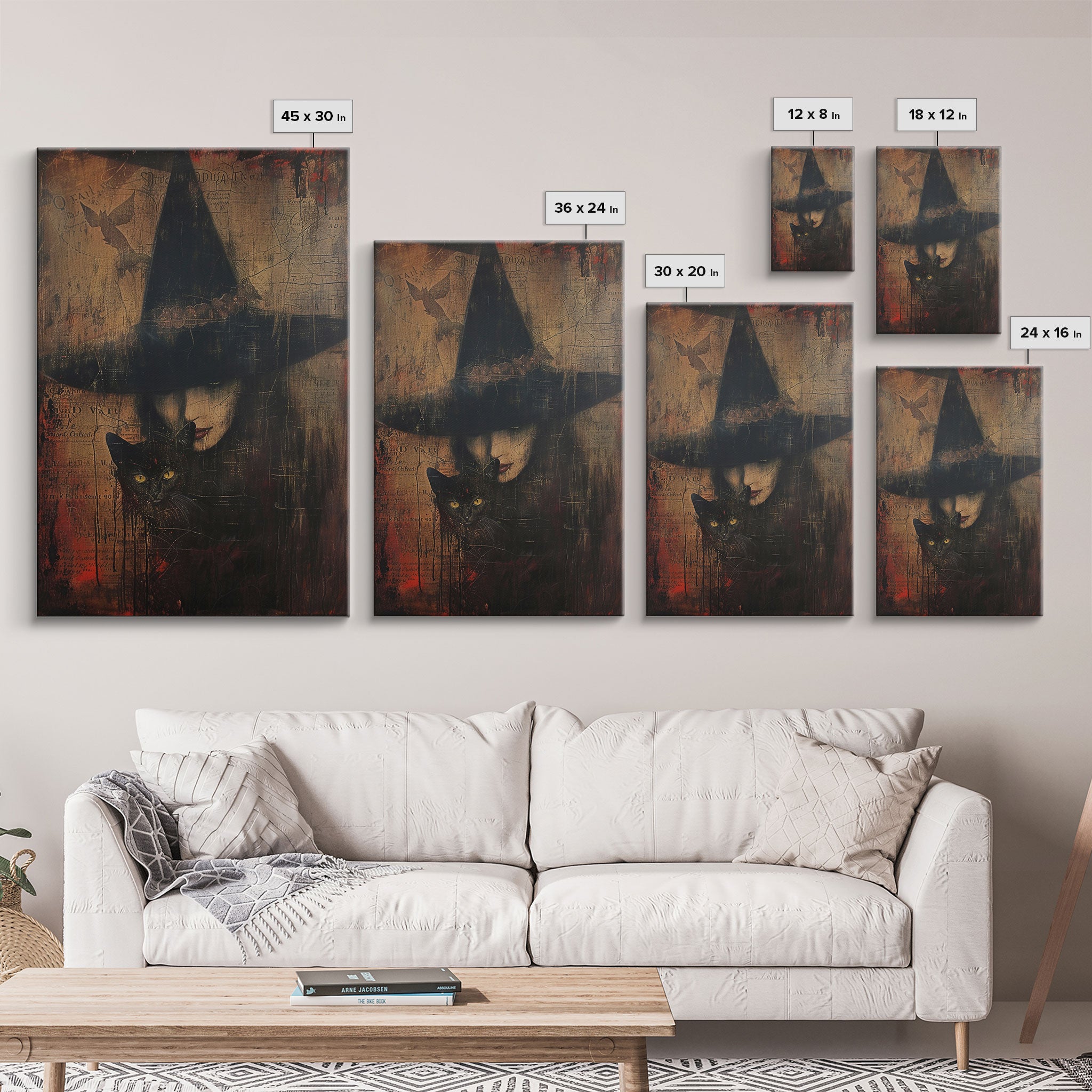 Witch And Black Cat Framed Canvas Print, Spooky Halloween Decor, Framed Canvas, Vintage and Distressedd Halloween Wall Art, Spooky Vibes