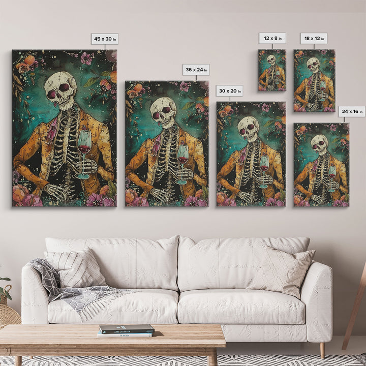 Skeleton Gentleman with Wine Glass Framed Canvas Print, Halloween Art, Creepy Wall Art, Spooky Home Decor, Scary Art, Unique Wall Decor