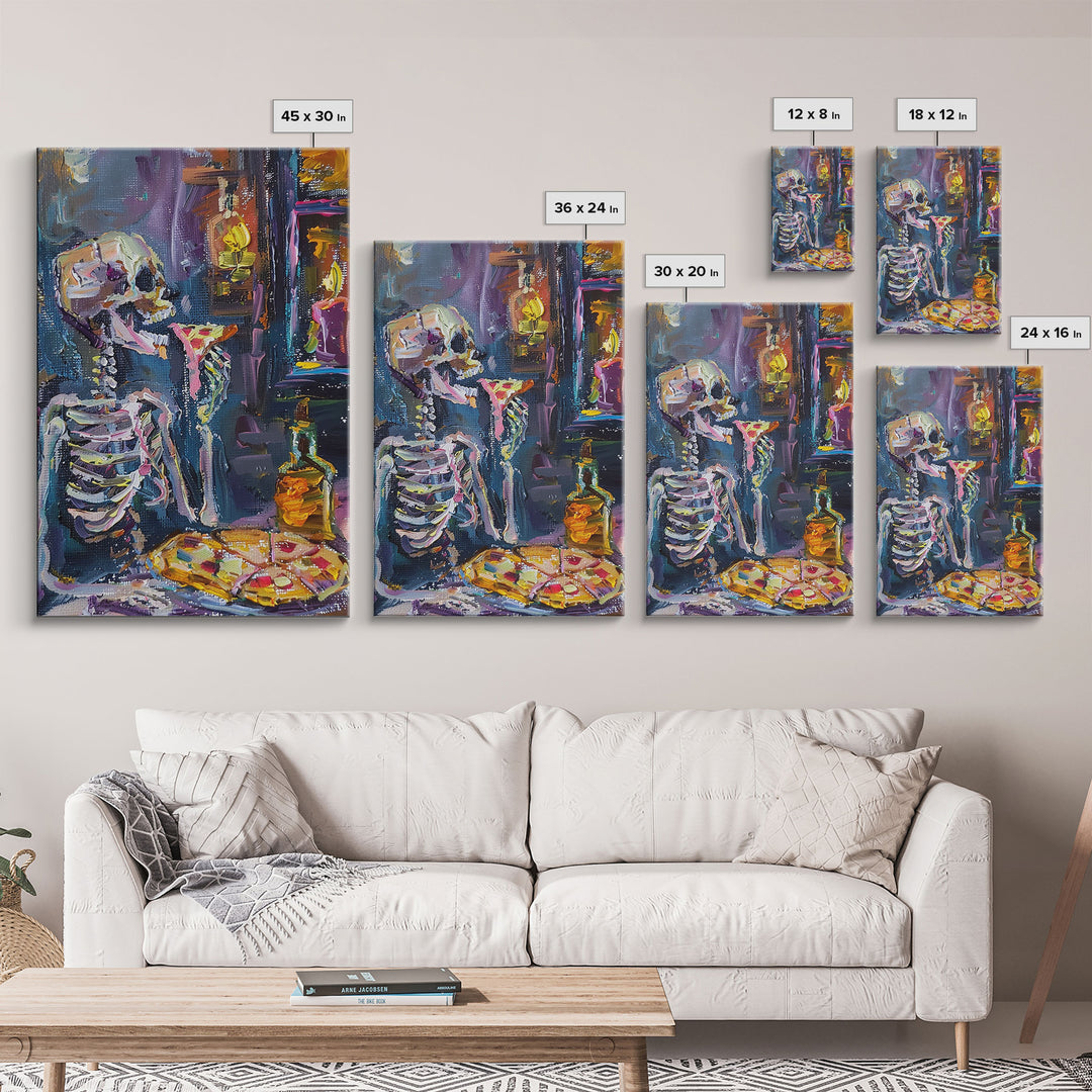 The Hungry Skeleton Chomps a Pizza, Funny Halloween Art, Framed Canvas, Halloween Poster