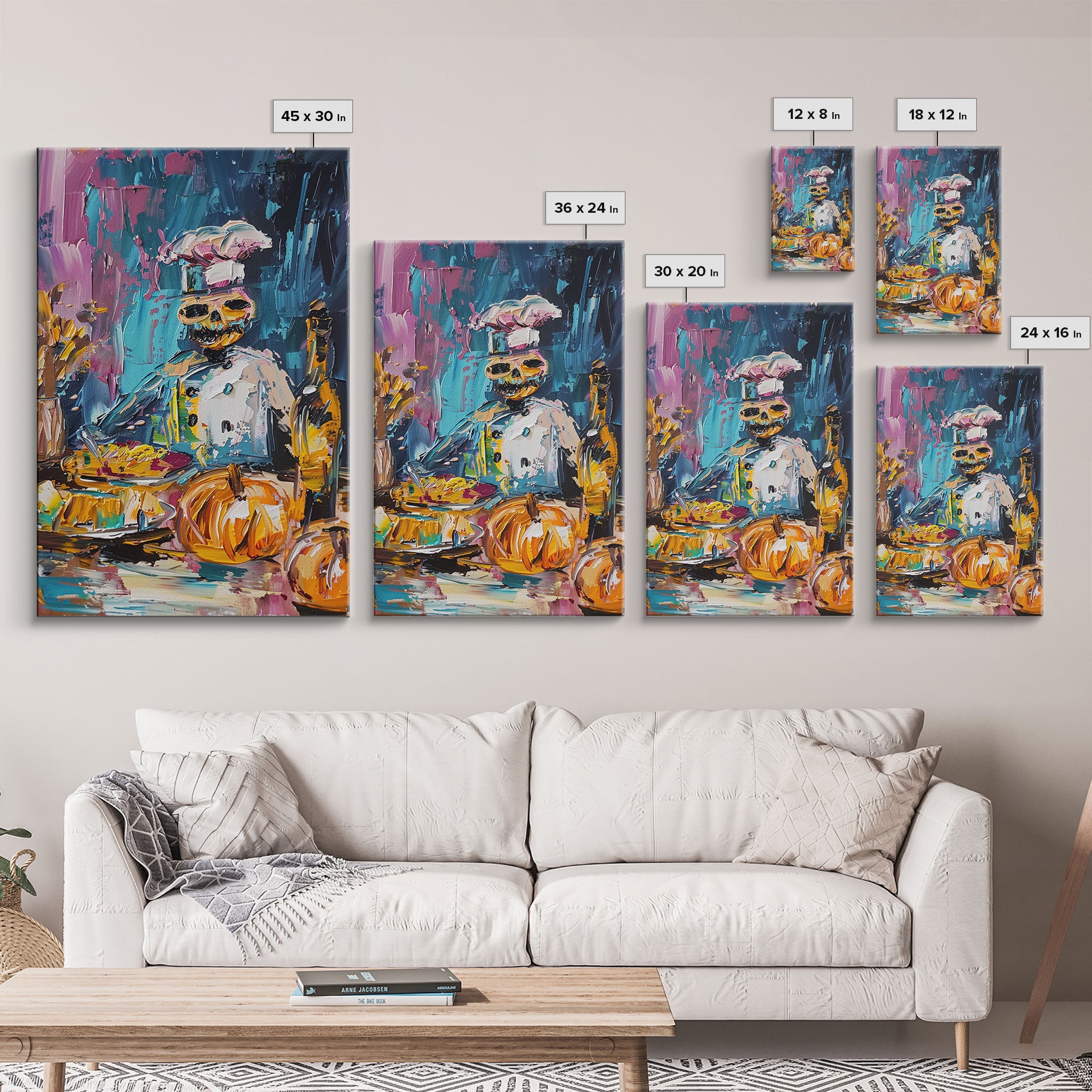 Skeleton Chef Cooking in a Colorful Kitchen - Halloween Skeleton Art - Fun Chef Skeleton Print - Spooky Cooking Skeleton Decor